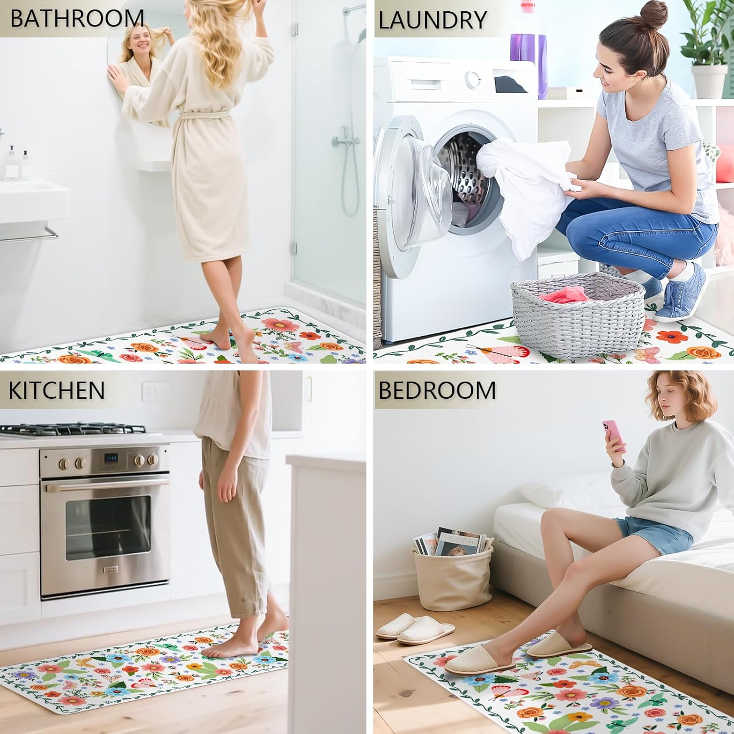 Flower Rugs for Kitchen Floor, Anti Fatigue Mats for Kitchen Floor Non Slip, 2PCS Rubber Kitchen Mat, Washable Cushioned Farmhouse BohoFloral Runner Carpet Rug for Sink Laundry 15.7"×27.5" +15.7"×47"