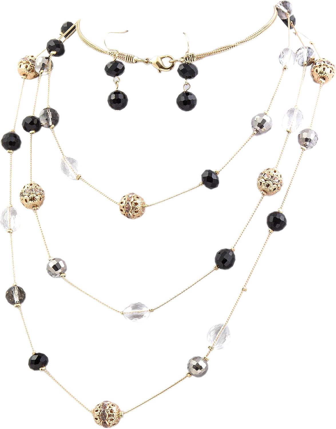 Bocar Fashion 3 Layer Handmade Beads Necklace Earring Set Long Illusion Necklace for Women