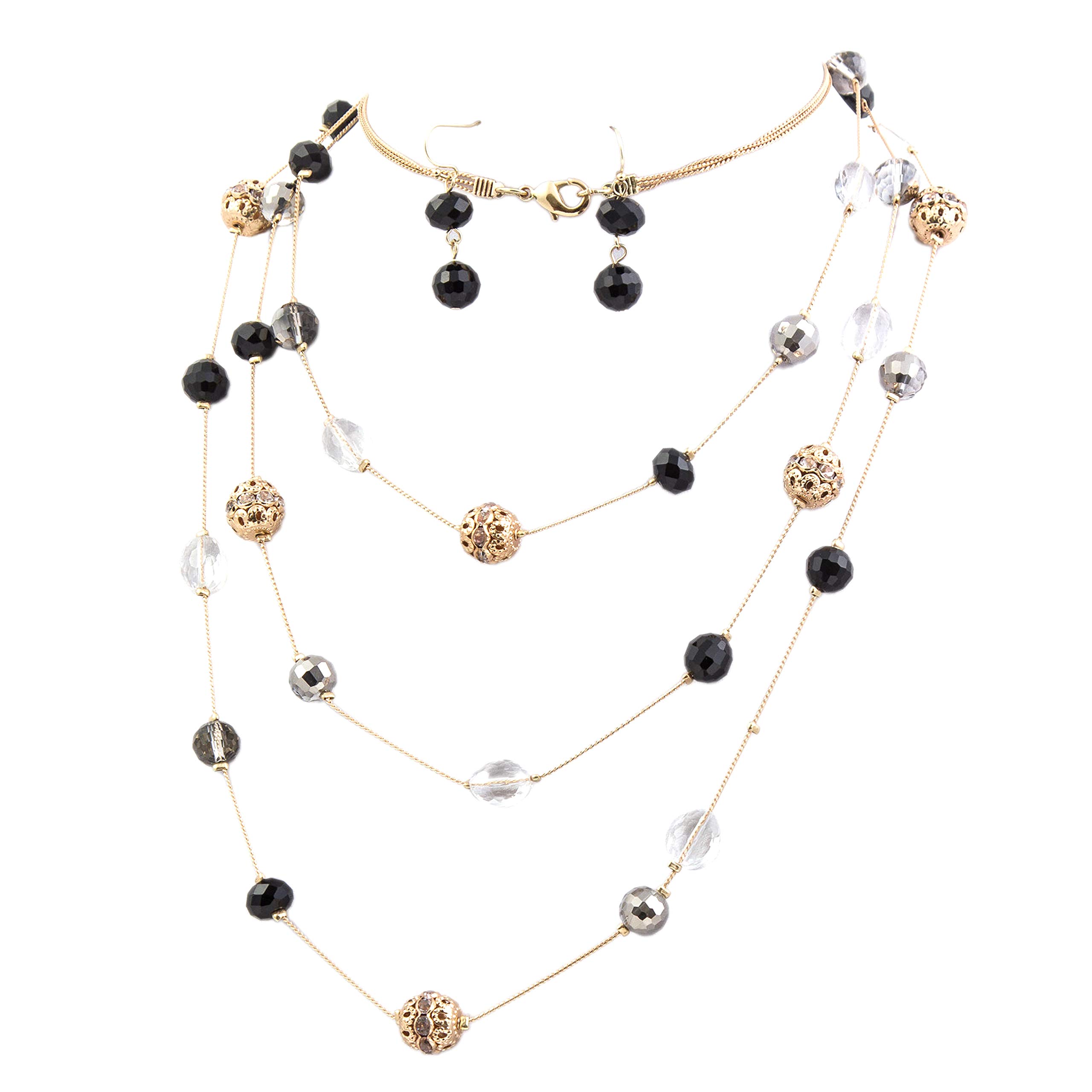 Bocar Fashion 3 Layer Handmade Beads Necklace Earring Set Long Illusion Necklace for Women