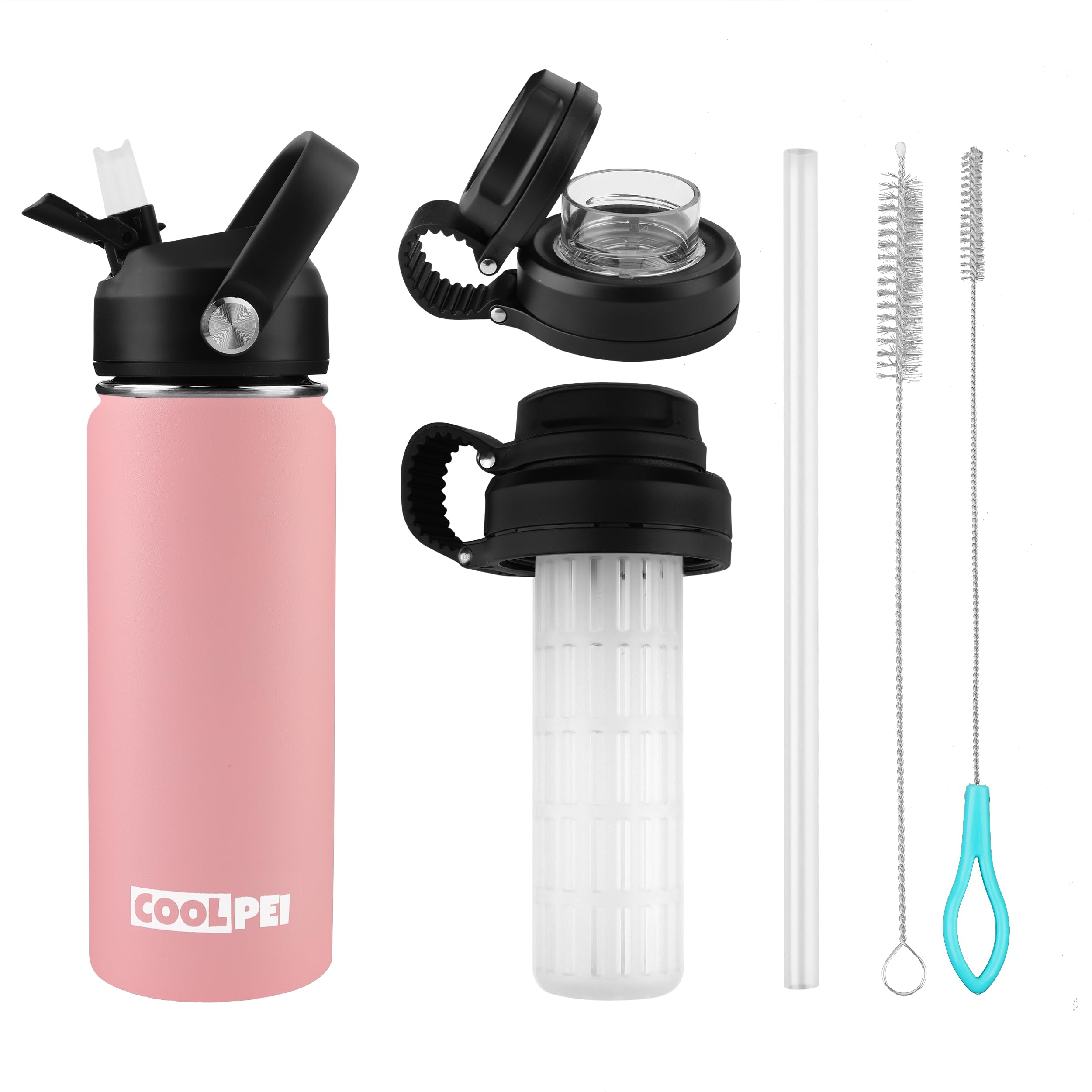 Botella de agua de viaje de acero inoxidable con filtro colador de té, botellas de té aisladas con popote y 2 tapas, taza térmica de metal blanco, botella de agua con aislamiento al vacío para