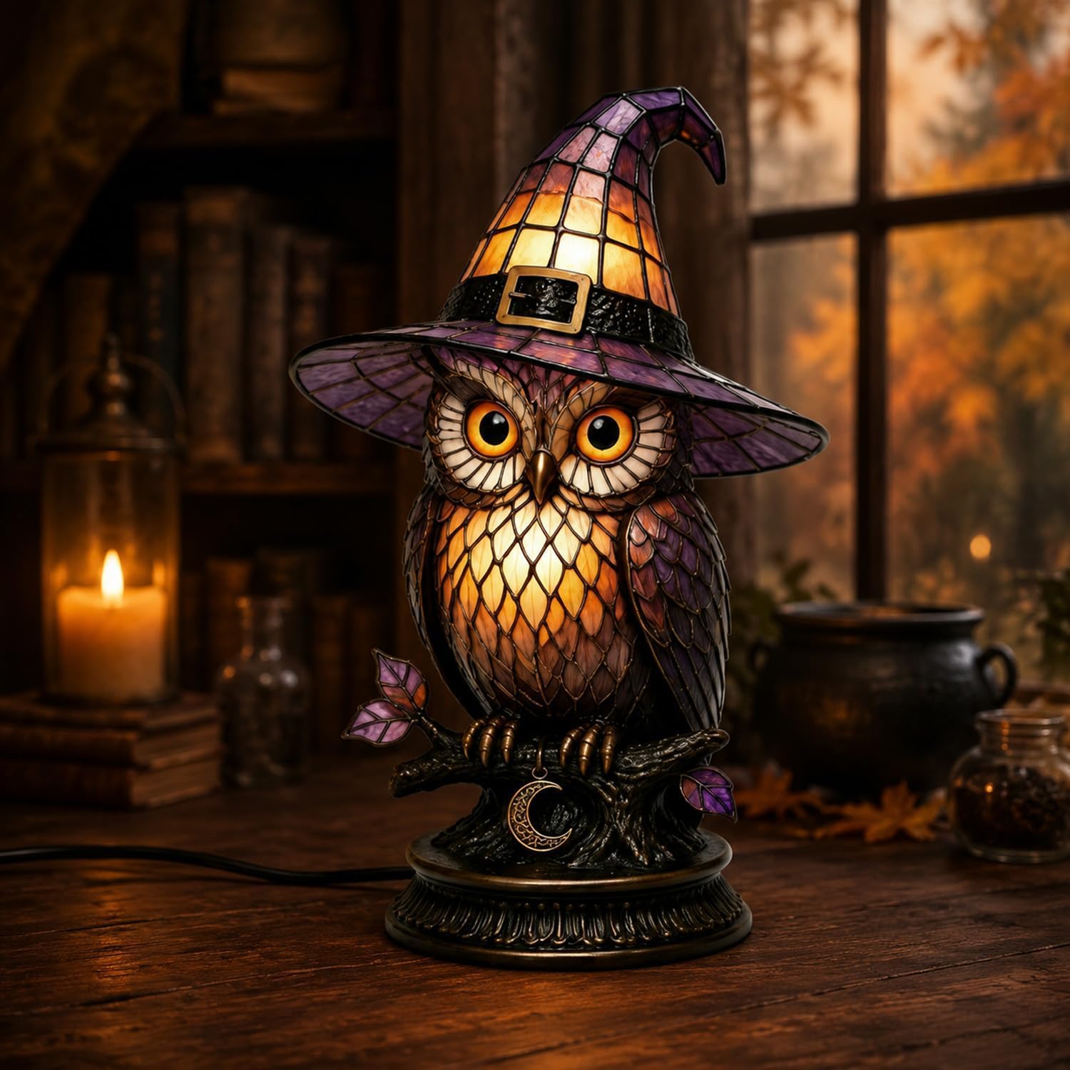 Stained Glass Witch Hat Lamp, USB Gothic Night Light Halloween Home Decor