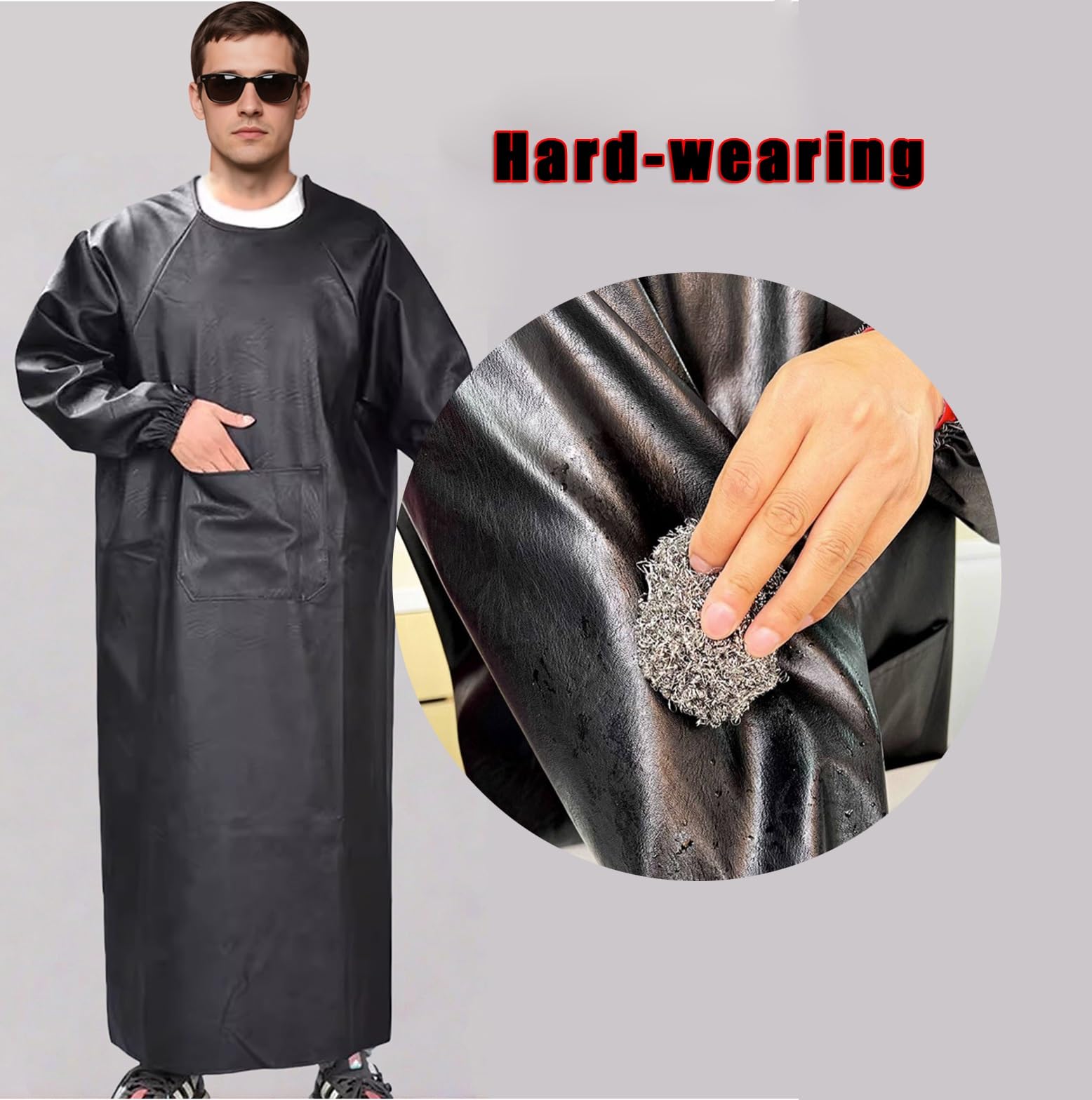 Delantal de Manga Larga Impermeable Y Resistente a La Grasa Delantales Largo de Cuero con Bolsillos Lazo Trasero Puños Elásticos Y Cuello Redondo Ropa de Trabajo para Cocina Y Restaurante