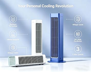 2-in-1 Portable Bladeless Fan - 2026 New Bladeless Rechargeable, Dual-Mode Horizontal Vertical Desktop Tower Fan, 3 Speeds & Ultra-Quiet for Bedroom Office (Blue)