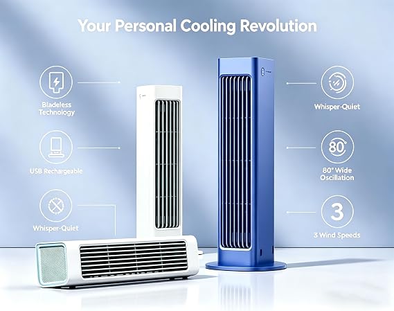 2-in-1 Portable Bladeless Fan - 2026 New Bladeless Rechargeable, Dual-Mode Horizontal Vertical Desktop Tower Fan, 3 Speeds & Ultra-Quiet for Bedroom Office (Blue)