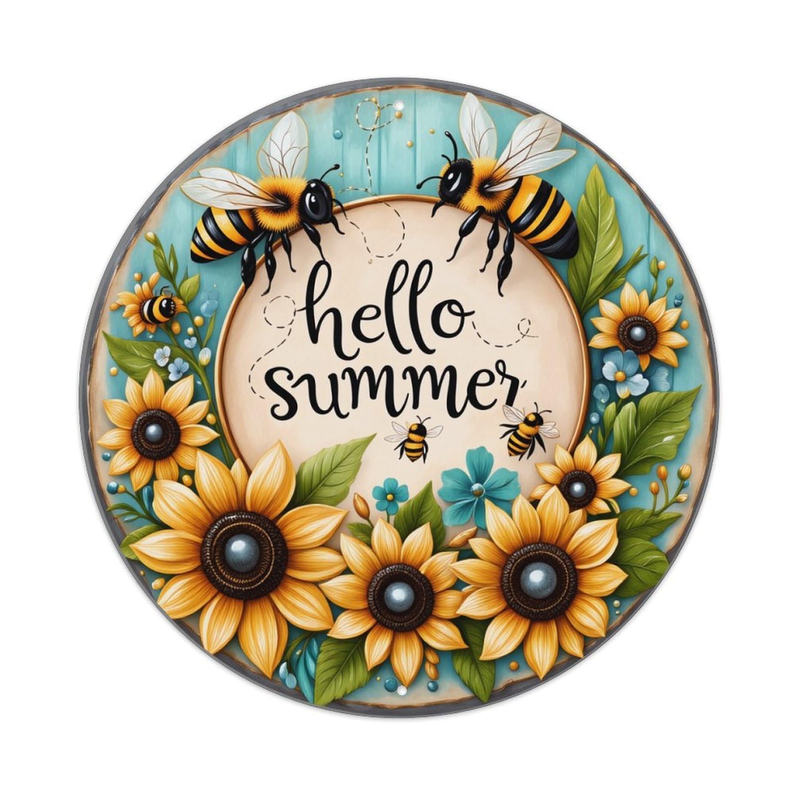 Hello Summer Bees Flowers Sunflowers Round Tin Sign Vintage Metal Poster, Home Bar Garage Man Cave Cafe Indoor & Outdoor Wall Decoration 8x8Inches