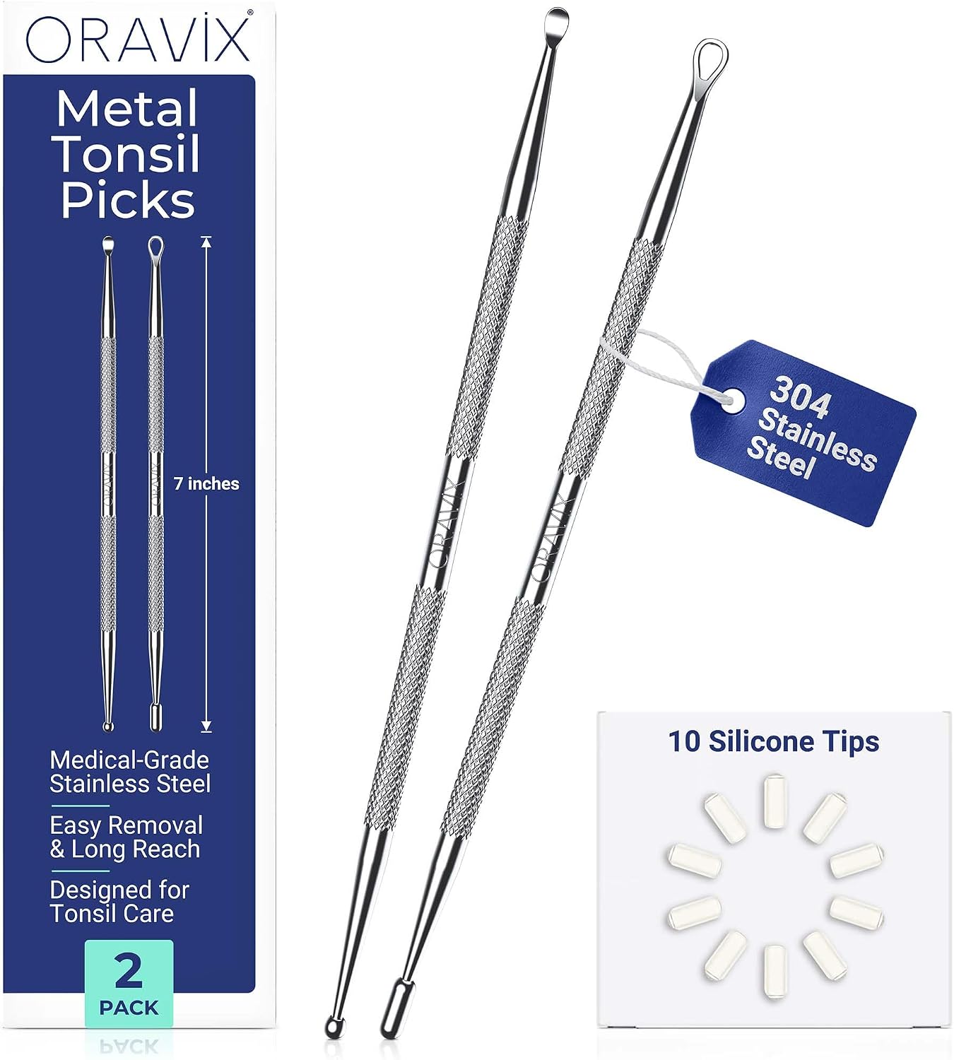 Oravix Tonsil Stone Remover Tool Pack of 2, Metal Tonsil Stone Removal Tool, 7’’ Surgical-Grade Stainless Steel Metal Pick with 10 Soft Silicone Tips, Fight Bad Breath, Safe & Easy