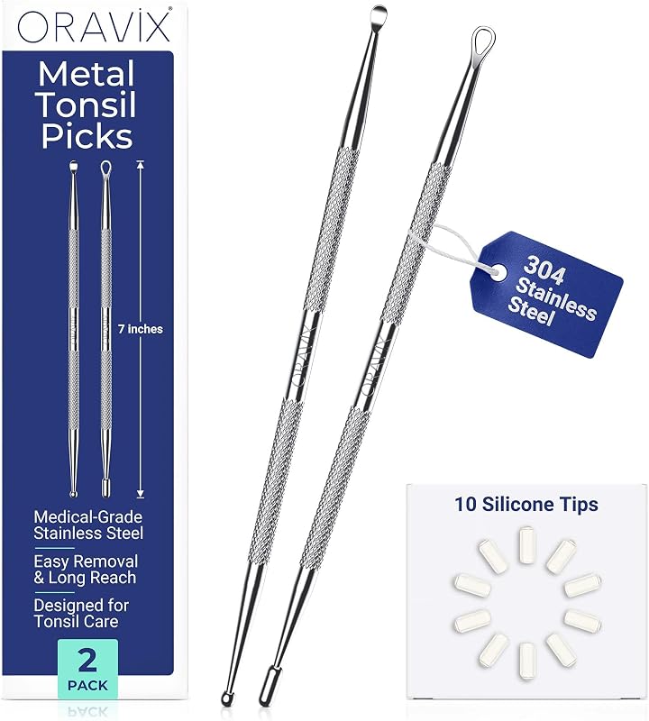 Oravix Tonsil Stone Remover Tool Pack of 2, Metal Tonsil Stone Removal Tool, 7’’ Surgical-Grade Stainless Steel Metal Pick with 10 Soft Silicone Tips, Fight Bad Breath, Safe & Easy