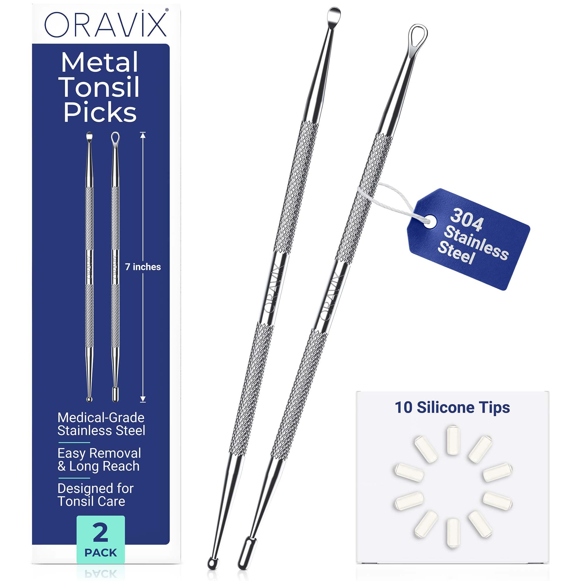 Oravix Tonsil Stone Remover Tool Pack of 2, Metal Tonsil Stone Removal Tool, 7’’ Surgical-Grade Stainless Steel Metal Pick with 10 Soft Silicone Tips,