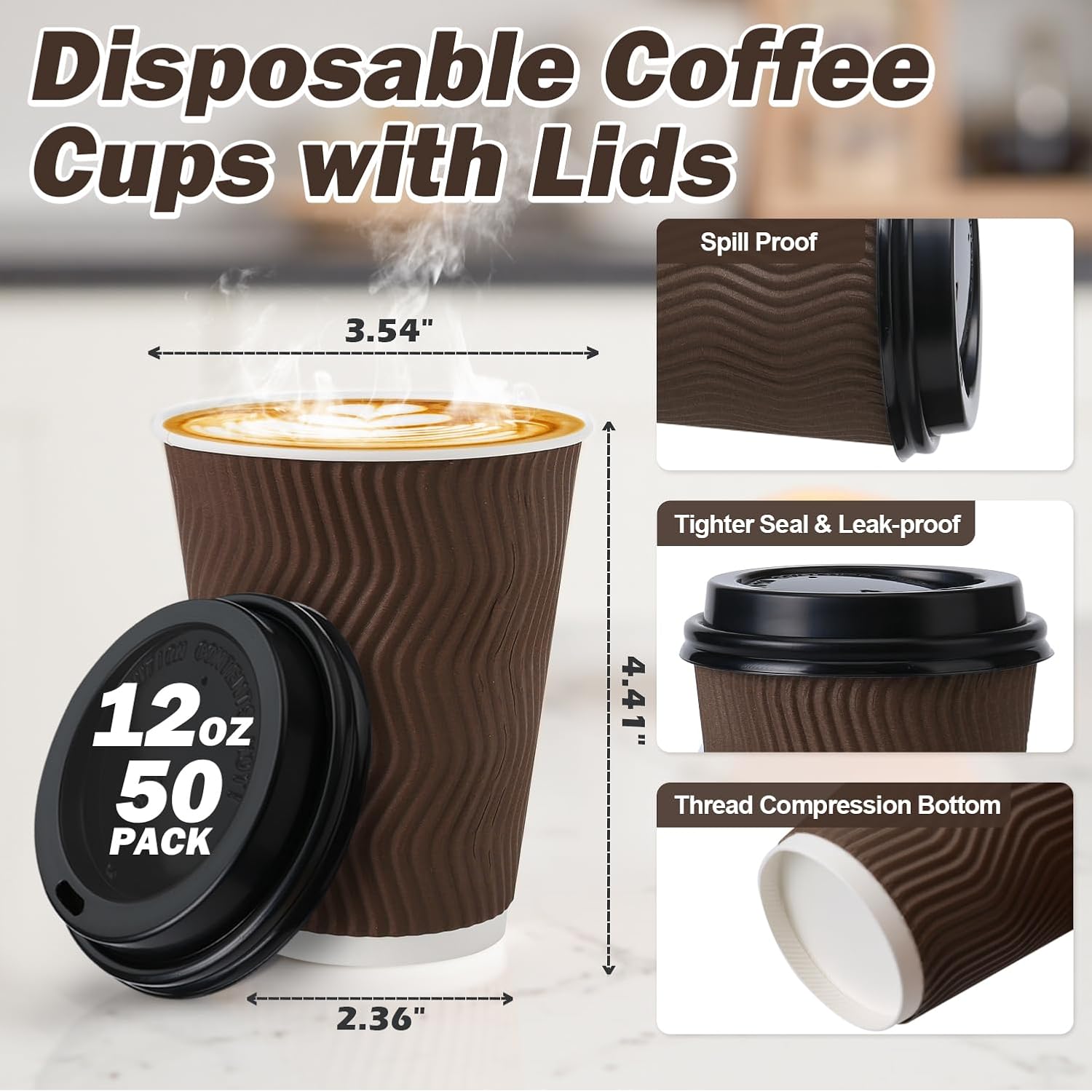 12 oz Disposable Coffee Cups with Lids, To Go Paper Coffee Cups with Lids, Insulated Hot Cups for Hot or Cold Beverages - Image 2