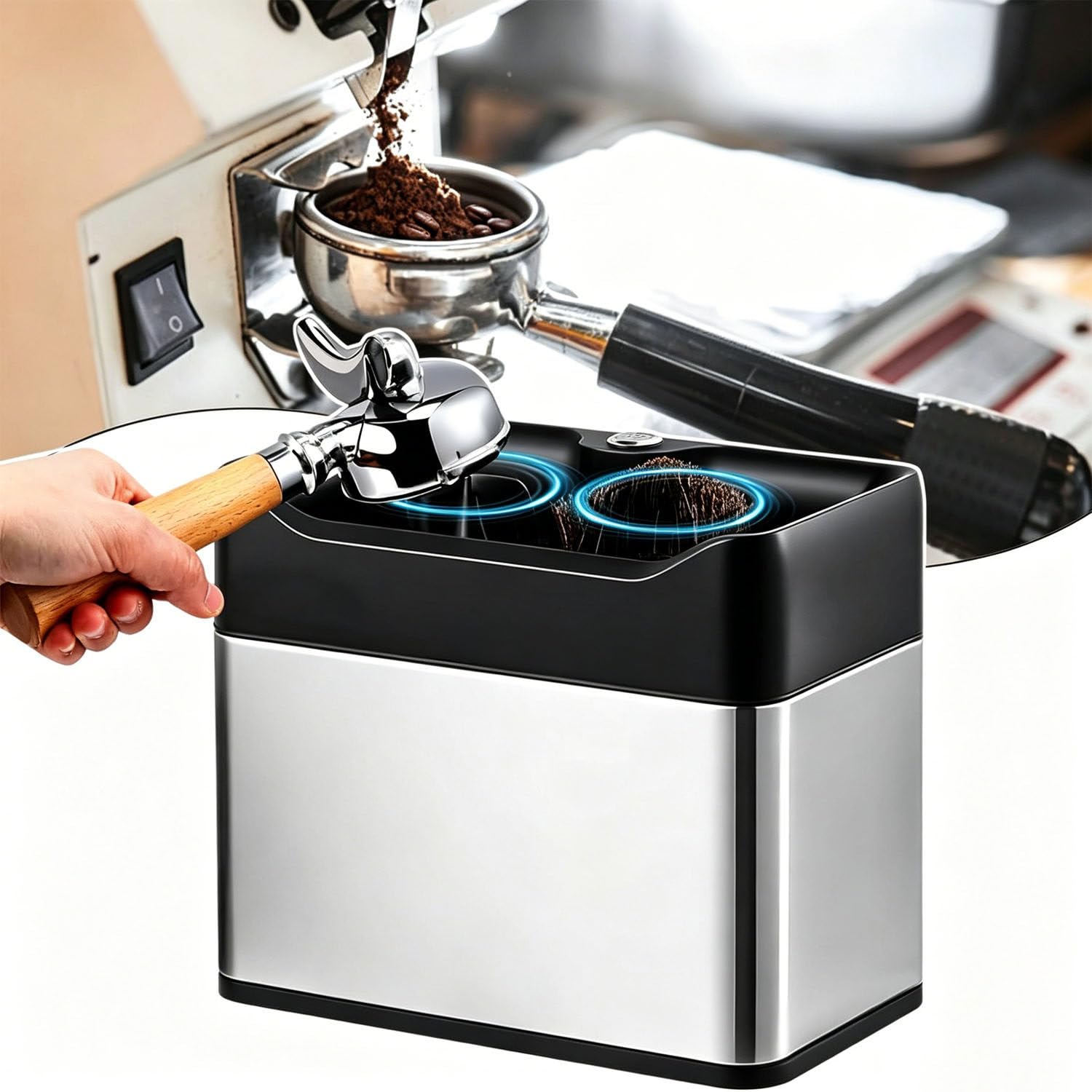 Automatic Portafilter Scraper Cleaner for 58mm Single & Double Cup Silver