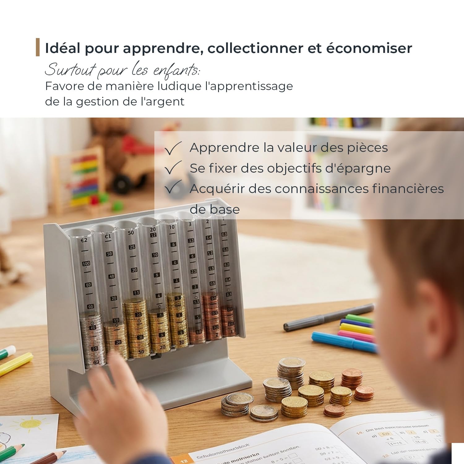 HMF Compteur de pièces pour tri et rangement de la monnaie, trieur de pièces transparent avec échelle des valeurs, tirelire pour enfants | 21 x 19,5 x 10 cm | Gris clair