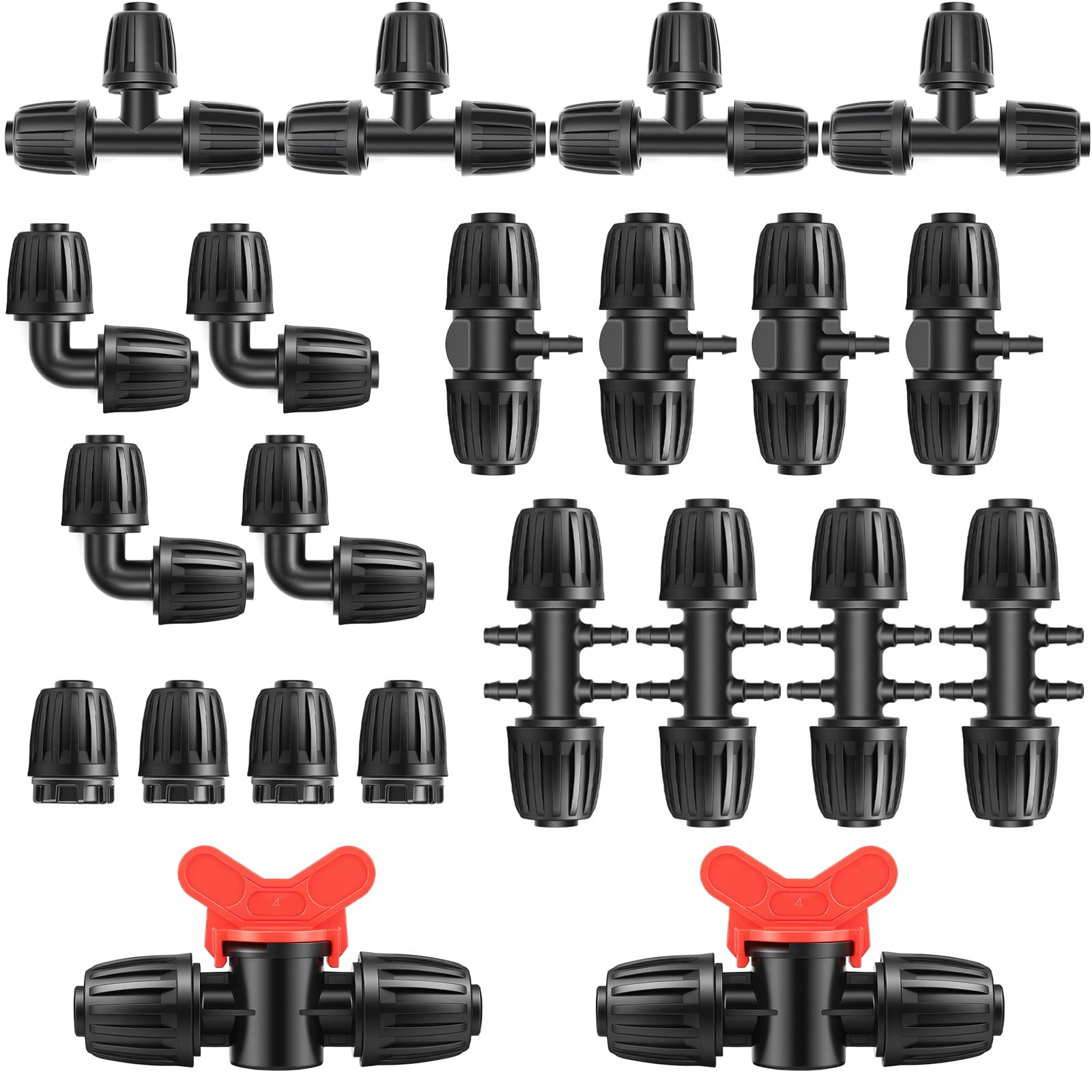 Mbsomnus Zestaw 22 sztuk armatury nawadniającej z zaworem odcinającym, zawory 1/2" do 1/4", trójnik, 6-drożne łuki 1/2", zaślepka do ogrodu, trawnika, zaopatrzenia w wodę, nawadniania ogrodu
