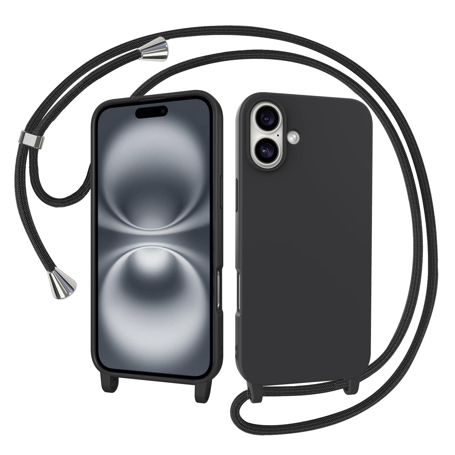 AOMYKE Cover per iPhone 16 con Cordino, Custodia con Laccio Collana Tracolla Collo Liquido Silicone Antiurto TPU Antiurto AntiGraffio Case - Nero