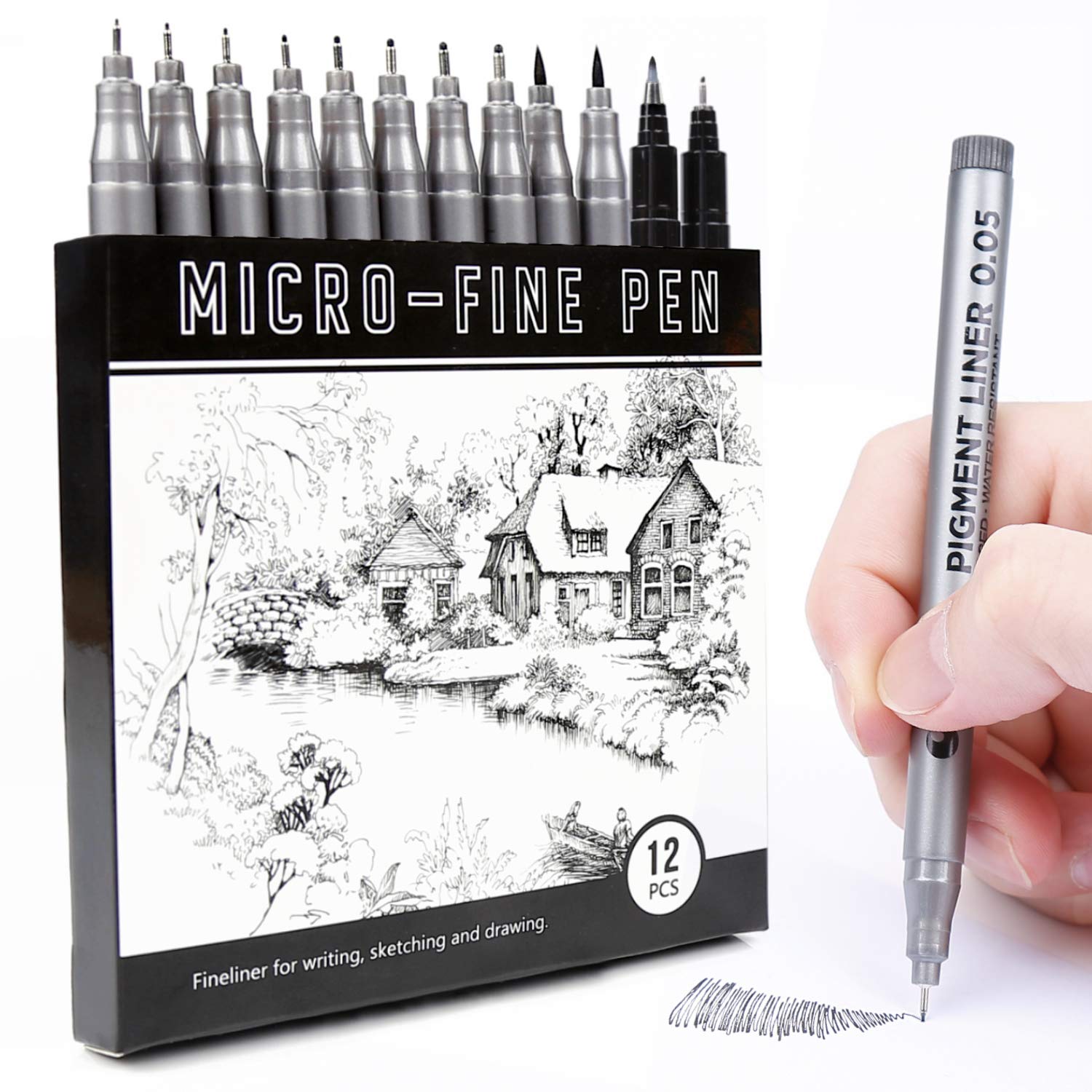LuluPlus Fineliner Pens, 12 pcs Calligraphy Pens, Drawing Pens, Felt Tip Pen, Black Markers, Calligraphy Markers with Assorted Tip Size, Drawing Pens