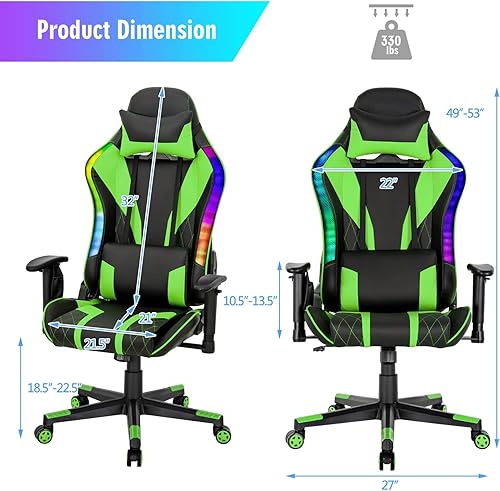 Miniatura 3 de Giantex Silla de juegos con luces LED RGB, silla ergonómica de videojuegos, silla de computadora de cuero de PVC con respaldo alto ajustable con