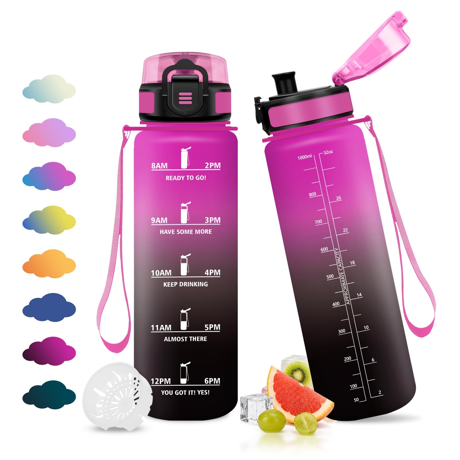 JAPORIA 1L Water Bottles, Motivational Water Bottle, Filter Water Bottle, BPA Free, Leak Proof, Reusable, Water Bottles for Outdoor, Gym, Sports