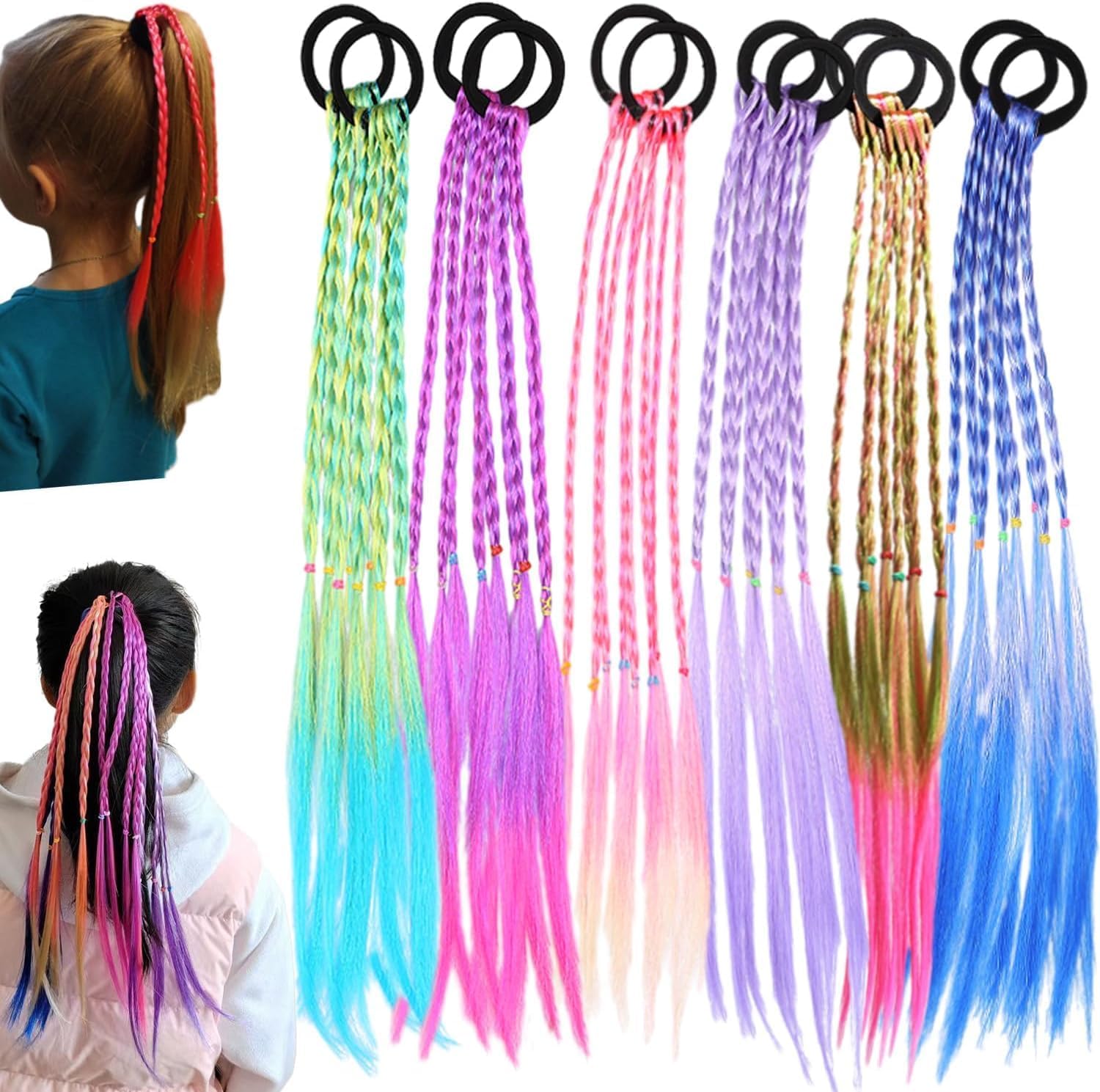HZYH 12 Pieces Colored Hair Extensions with Rubber Bands, Gradient Braided Wig Ponytail, Crazy Hair Day Accessories for Girls, Fun and Vibrant Hairpieces for Kids