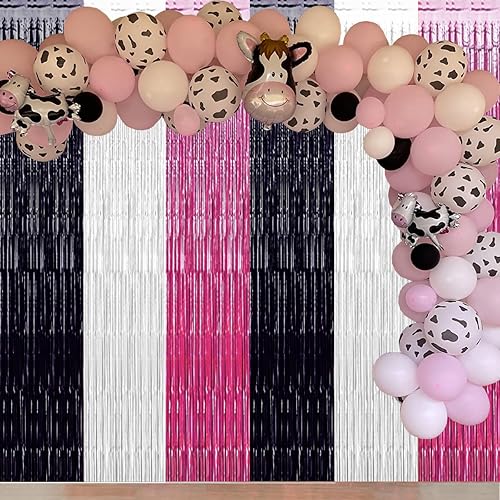 Miniatura 6 de Decoraciones de fiesta de cumpleaños con estampado de vaca, telón de fondo rosa, negro y blanco, cortinas de oropel de papel de aluminio para fiesta