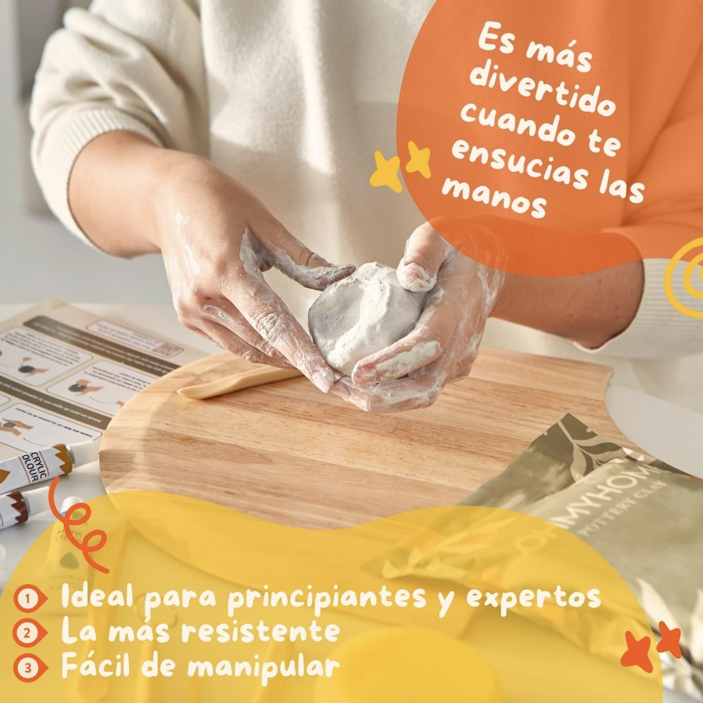 ÖHMYHOME Kit di argilla per asciugatura all'aria per principianti a casa,set di artigianato con argilla bianca,vernice lucida,12 vernici acriliche,strumenti,pennelli,spugna e manuale in spagnolo e