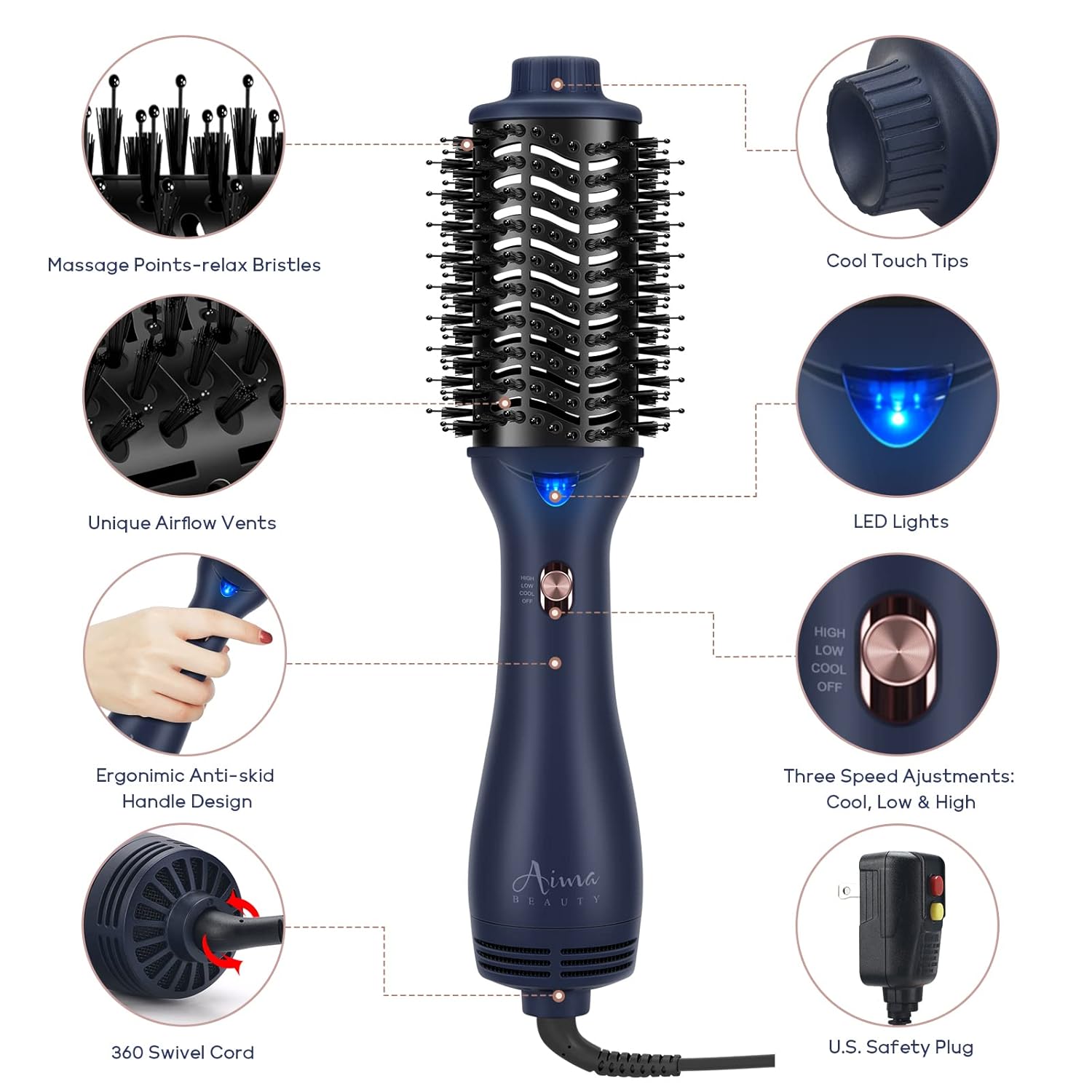 One Step Hair Dryer & Volumizing Brush, Aima Beauty Hair Styling Tool - Ceramic Straightener, Curler, Hot Air Styler & Ionic Salon Brush, Prussian Blue - Image 8
