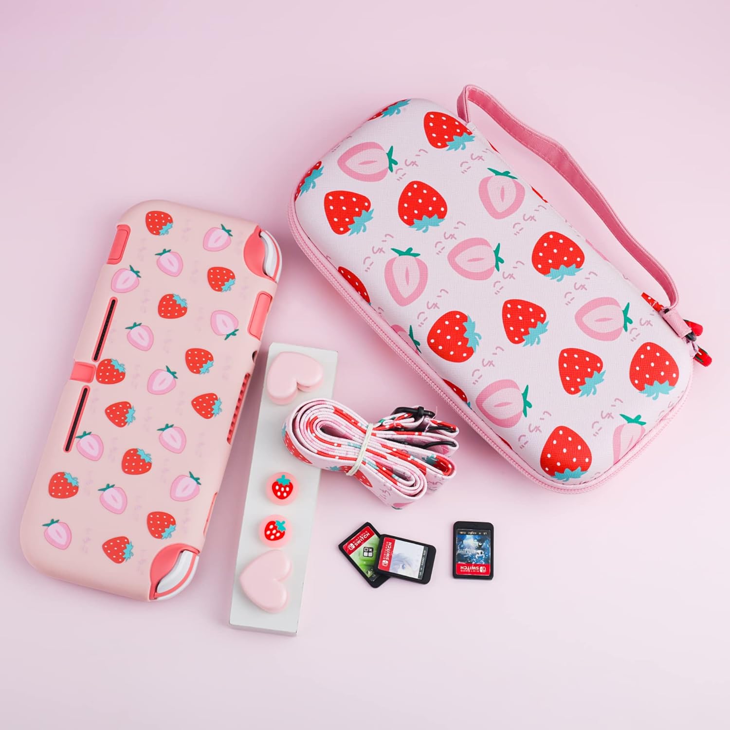 FUNDIARY Pink Strawberry Carrying Case for Nintendo Switch Lite, Cute Travel Cases Girl Accessories Kit with Slim Potrable Storage Bag, Soft TPU Cover Case, Shoulder Strap and Thumb Caps - Image 7