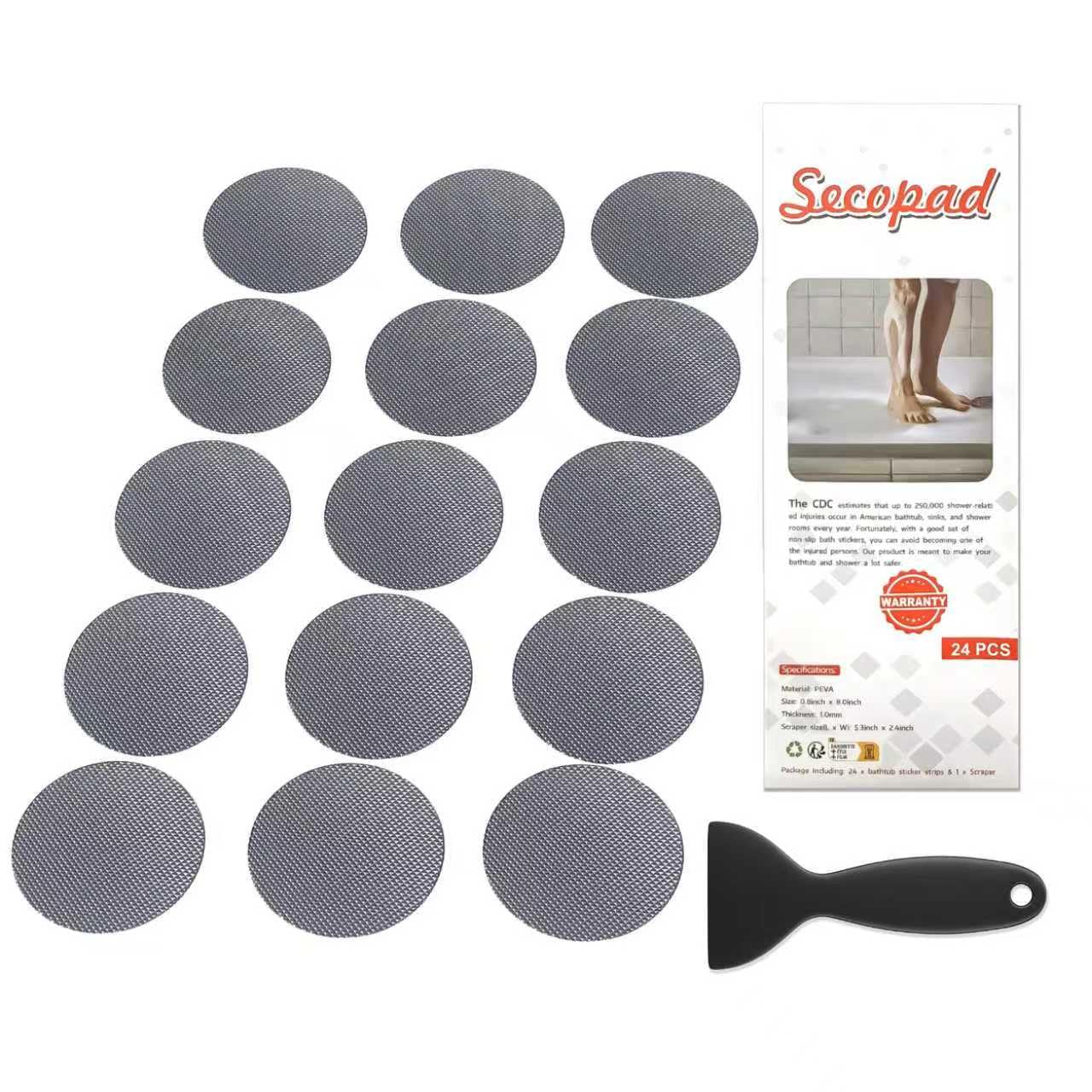 Secopad rutschfeste Badewannen-Aufkleber, Sicherheitsaufkleber, für Badezimmer, Badewannen, Duschen, Trittflächen, selbstklebend, Schaber (Grau)