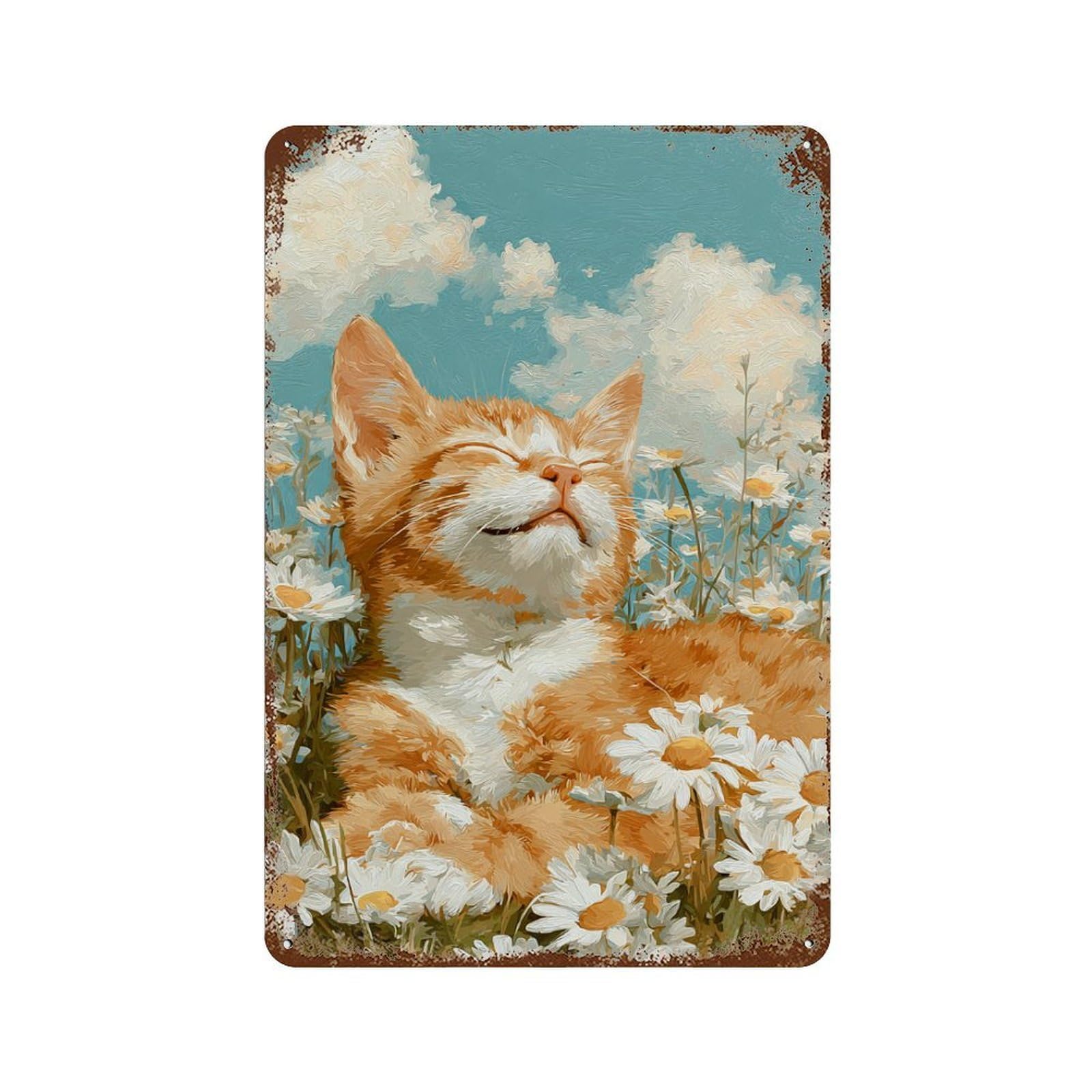 Cat in Daisy Field Painting -2 Rustic Tin Plaque 11.8"x7.9", Rustic Home Decor for Office, Studio And Wall Decor