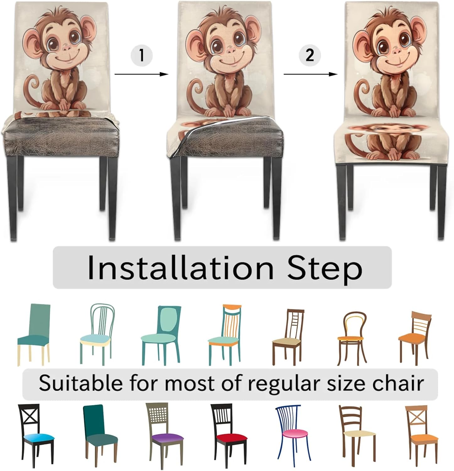 QsirBC Cute Monkey Stretch Dining Room Chair Covers Set of 4 Chair Slipcovers Removable Washable Kitchen Seat Covers Chair Protectors for Hotel Party Wedding