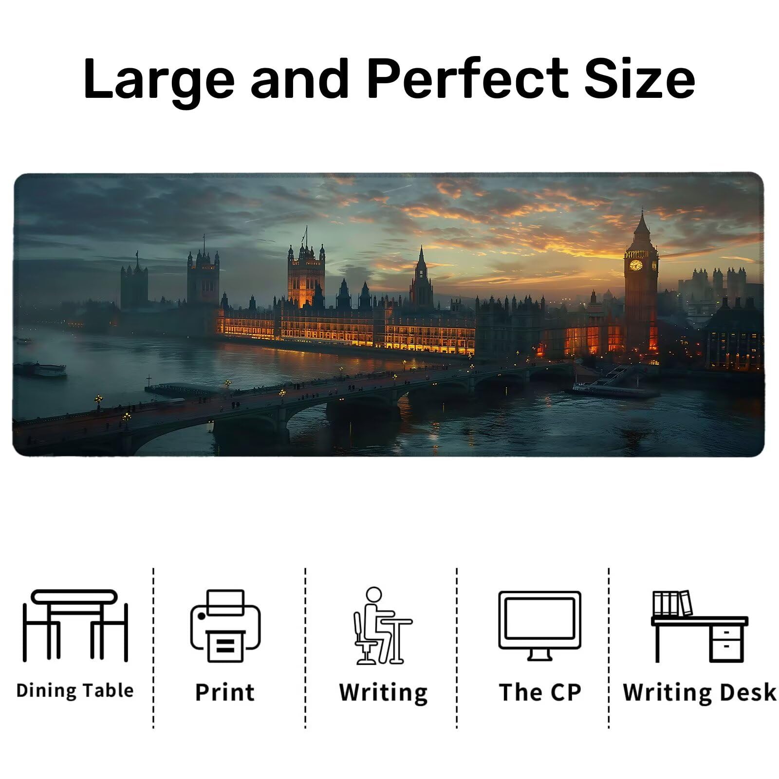 Tapis de Souris de Jeu, Londres Tapis de Souris XXL 900x400x4 mm, Sous-Main Bureau Paysage avec Base en Caoutchouc Antidérapant et Imperméable, Surface Lisse Améliorez la Précision et la Vitesse, V-3