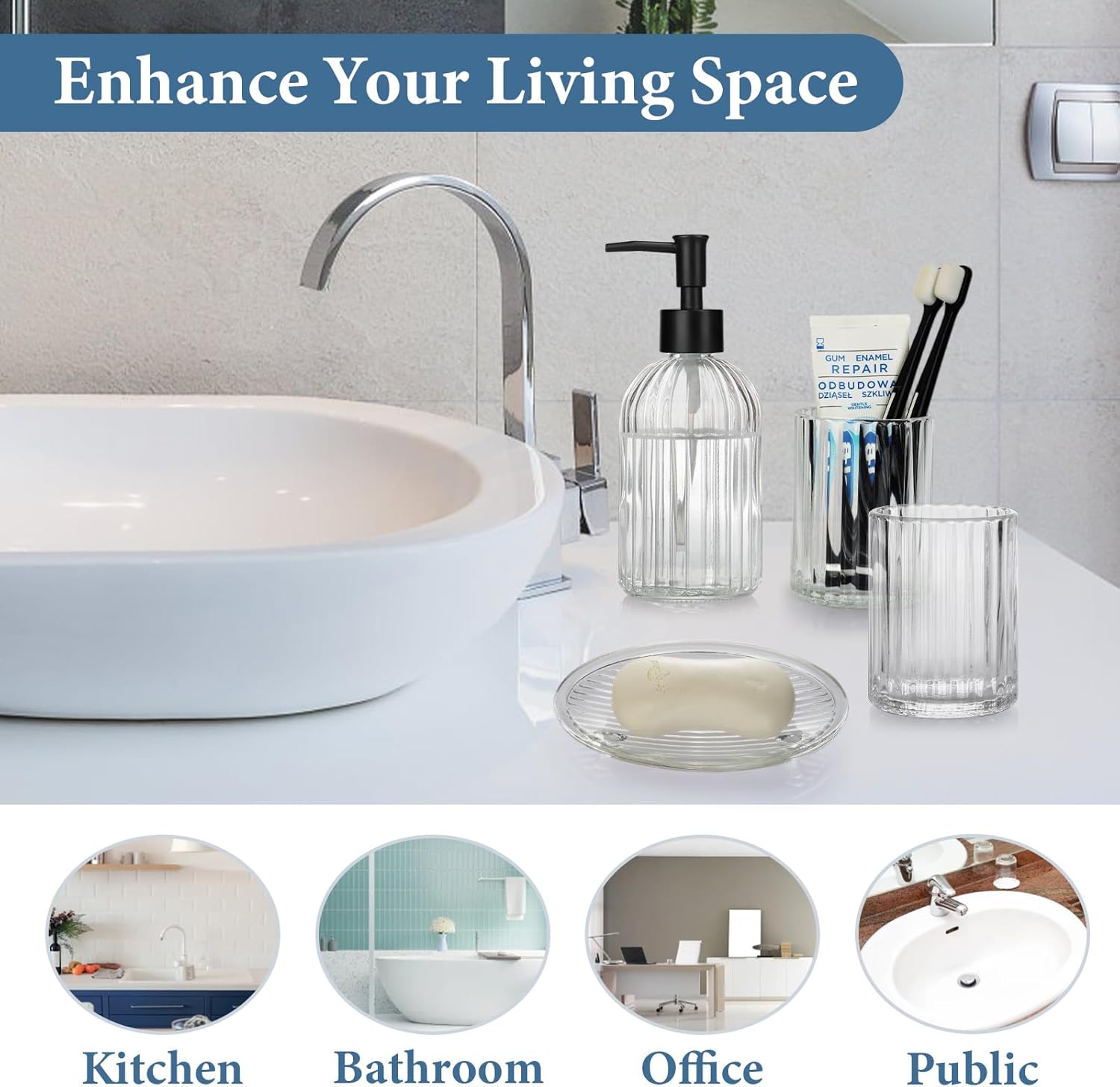 Topsky Glass Bathroom Accessories Set of 4,Clear Vertical Stripe Design with 400ml Liquid Hand Soap Dispenser,Toothbrush Holder,Mouthwash Cup,Soap Dish for Bathroom Countertop