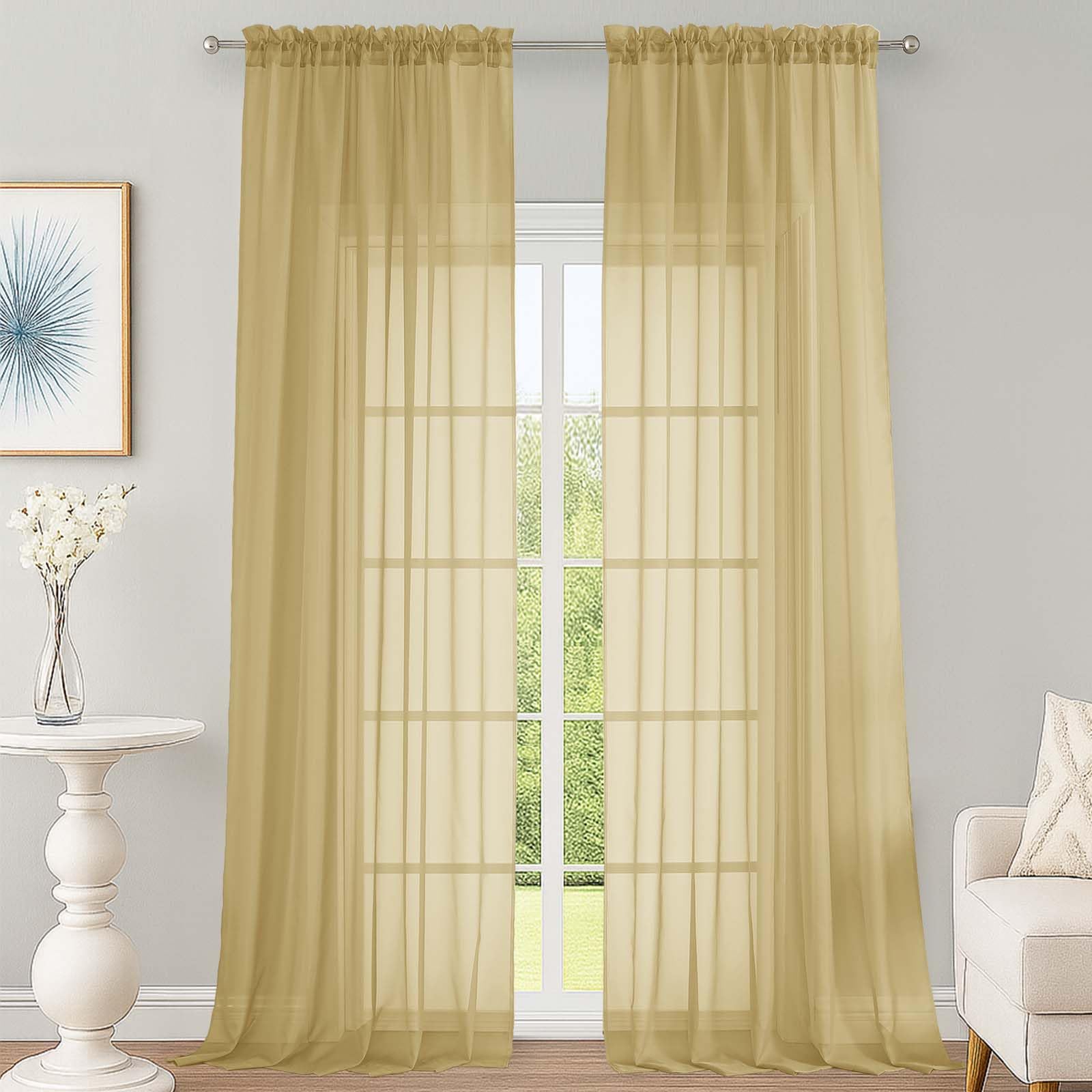 OWENIE Sheer Gold Curtains 108 Inches Long for Living Room Bedroom 2 Panels Set, Lightweight Airy Gold Sheer Curtain, Filmy Voile Rod Pocket, 2 PCS, Each 59" W x 108" L