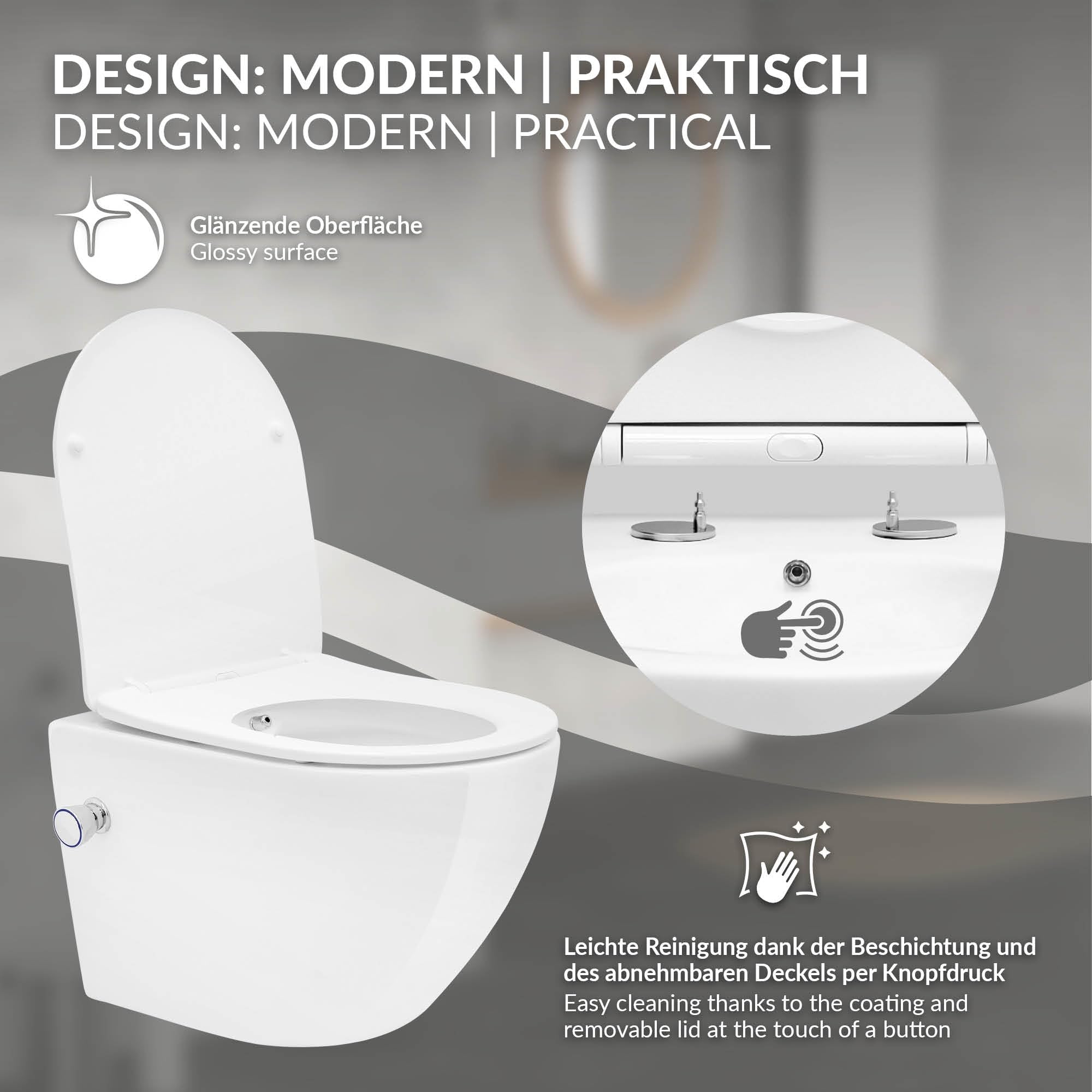 LuxeBath Spülrandloses Wand Hänge Dusch WC Weiß kurz aus Keramik mit Bidet-Funktion, Wand WC mit WC-Sitz Soft-Close Absenkautomatik Toilettensitz Duroplast abnehmbar, Tiefspüler WC Hänge Toilette