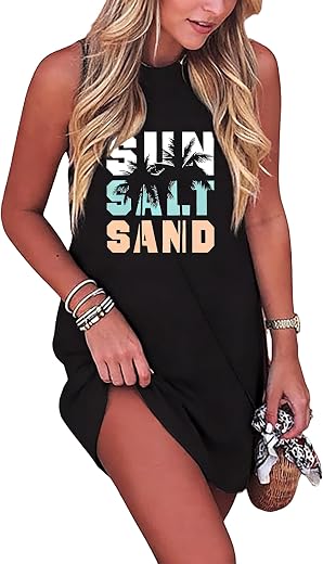 Sun Salt Sand Coconut Tree Tank Mini Dress for Women Sleeveless Beach Praty Shirts Summer Vacation Short Mini Dresses