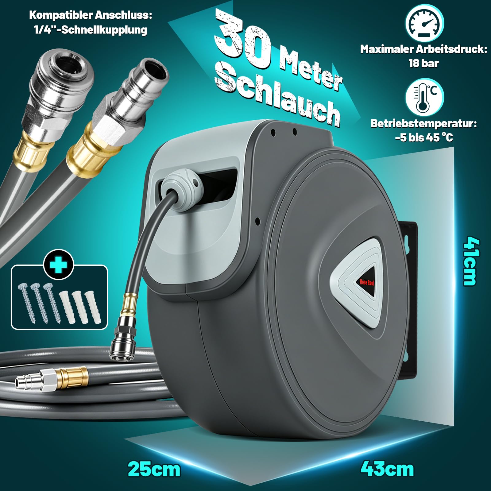 Druckluftschlauch, 30m Kompressor Schlauchtrommel Automatik Druckluftschlauchtrommel Aufroller, Schnellkupplung 1/4'', Wandhalterung Druckluftschlauch-trommel für Kompressor Werkstatt, Grau