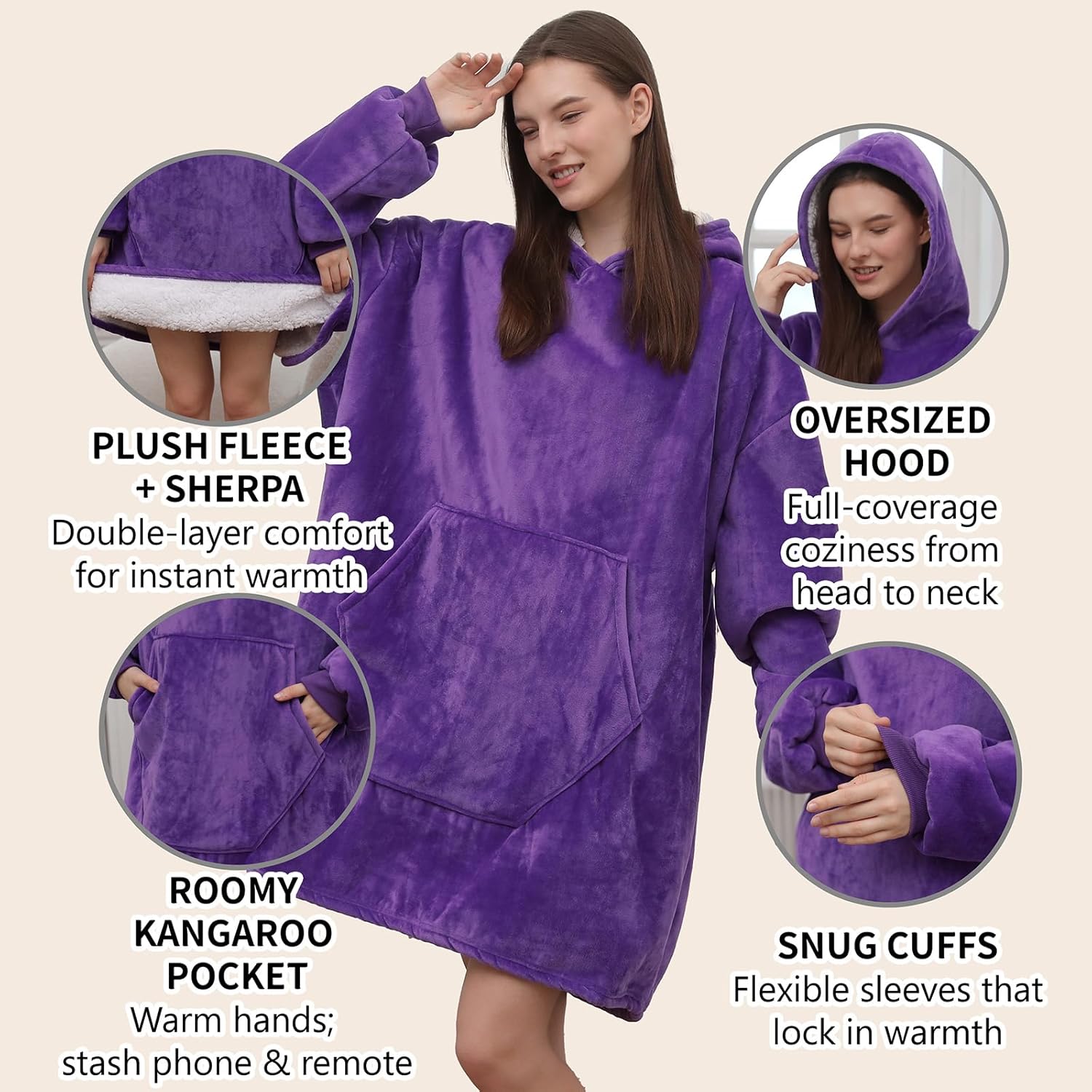 ZhangShi Wearable Blanket Hoodie, Oversized Sherpa Fleece Sweatshirt Blanket with Giant Hood Pocket and Sleeves for Adult - Image 4