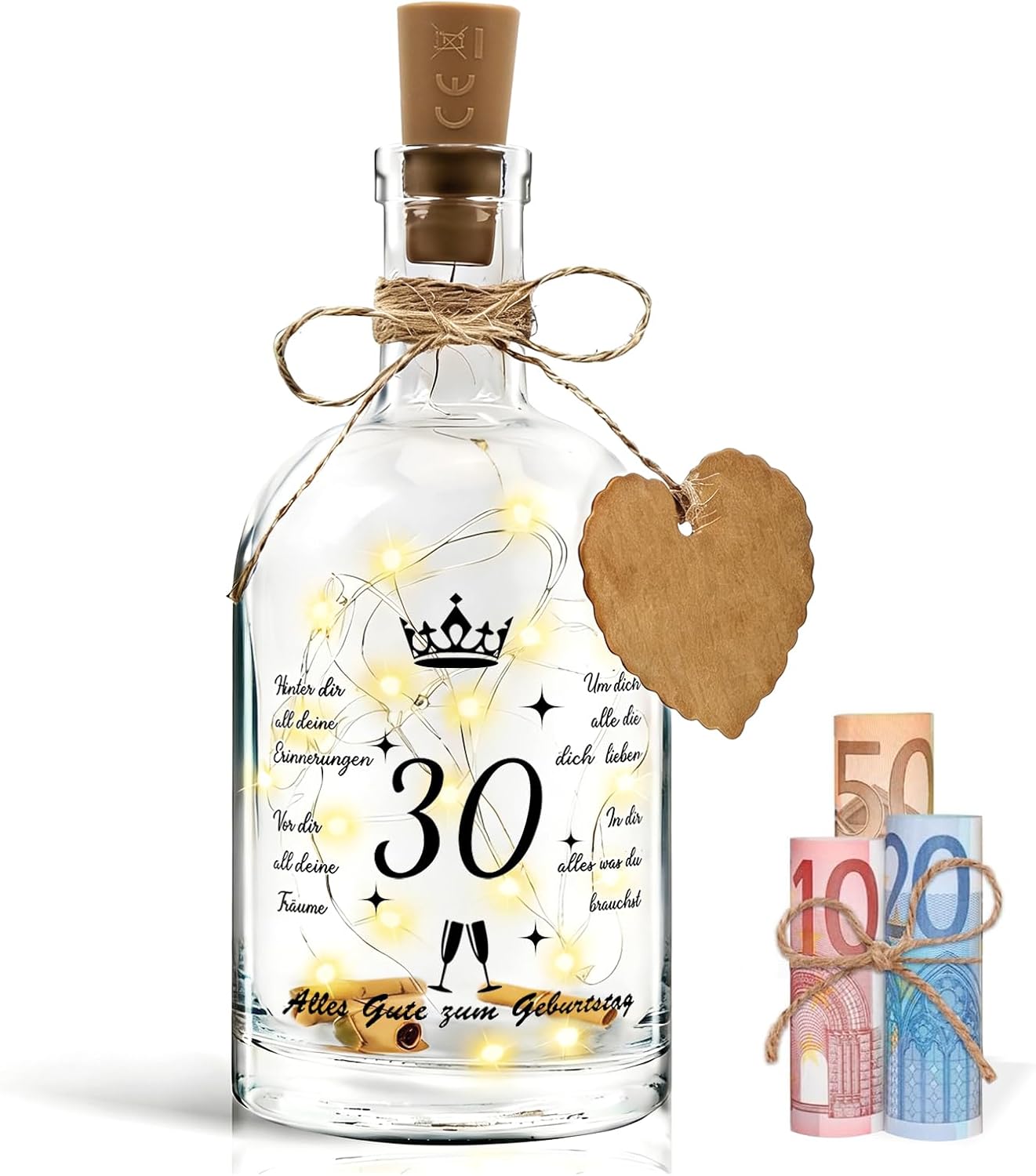 O-Kinee 30th Birthday Women Men Money Gifts Birthday 30 LED Bottle Light with Saying Illuminated Bottles 30th Birthday with Cork Message in a Bottle Gift for Christmas