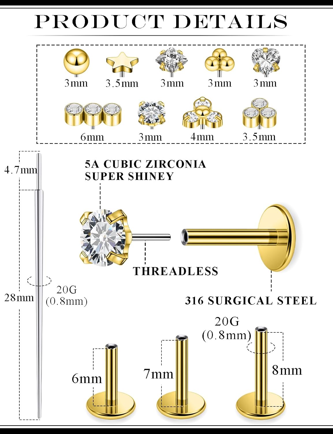 20G 18G 16G Threadless Flat Back Earrings Nose Studs 316L Surgical Steel Tragus Forward Helix Conch Cartilage Lobe Earrings Stud Medusa Labret Monroe Lip Ring Piercing Jewelry For Women Men - Image 2