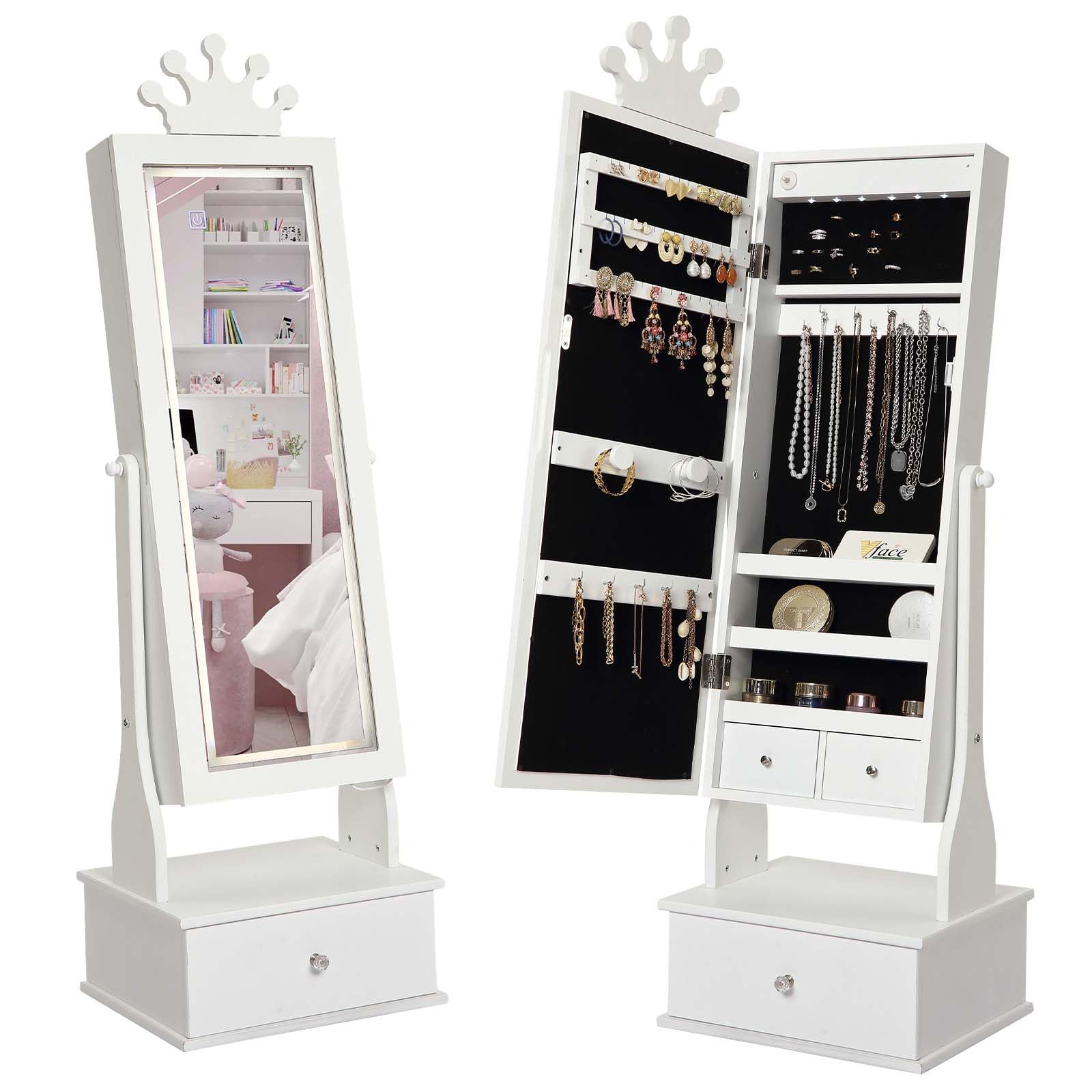 Kids Jewelry Cabinet with Full-Length Mirror, Freestand Mirror with Storage Drawers, Kids Vanity Dress Up Mirror with Jewelry Organizer, 46" Jewelry Armoire for Kids Bithday, Girls Xmas Gifts(White)