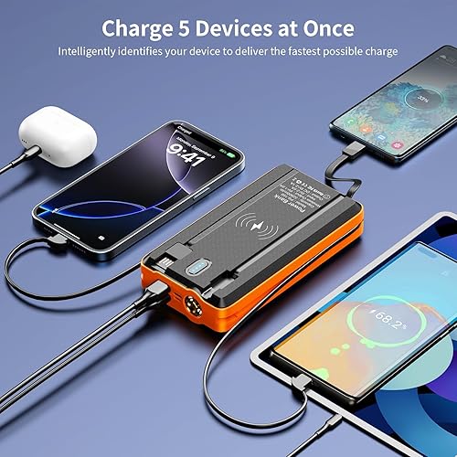 Miniatura 7 de Banco de energía solar cargador portátil 52800mAh 5V3A batería de carga rápida con 4 cables incorporados, 2 salidas y linterna LED para todos los