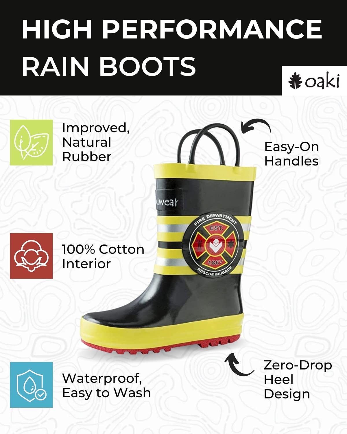 OAKI Toddler Rain Boots – Lightweight Waterproof Rubber Boots for Kids with Easy-On Handles – Durable Kids Outdoor Footwear, Fireman Rescue, 2 Little Kid