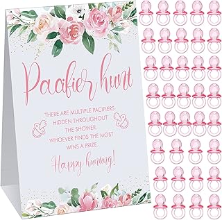 201 Pcs Baby Shower Games Including Floral Flower Baby Pacifier Hunt Sign and 200 Pcs Acrylic Baby Pacifiers, Mini Pacifiers for Baby Shower Game Gift Boy Girl Gender Reveal Party Favors Decorations