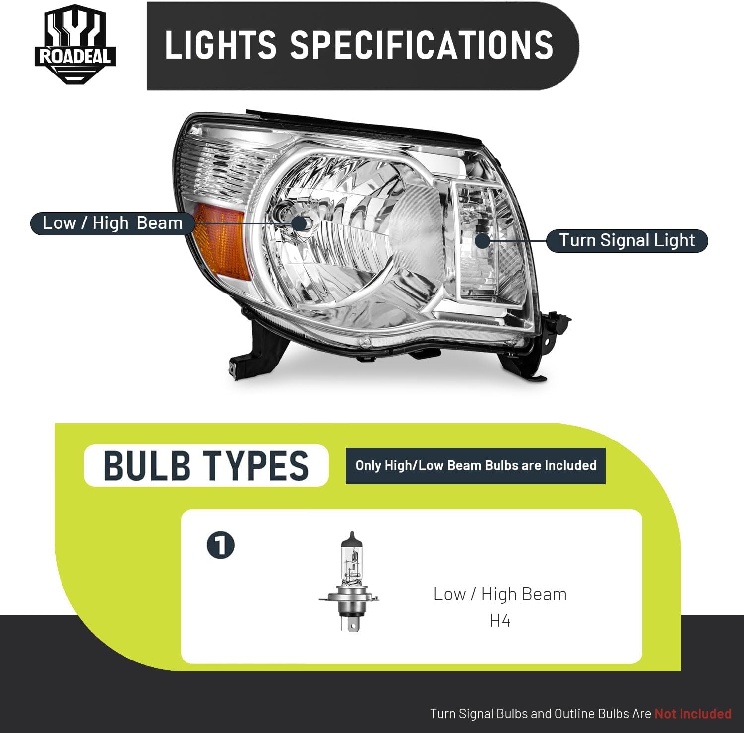 set of 2,headlights w/bulbs for 2005 2006 2007 2008 2009 2010 2011 toyota tacoma halogen headlamp replacement driver & passenger side chrome - with h/l beam bulbs oe replacement