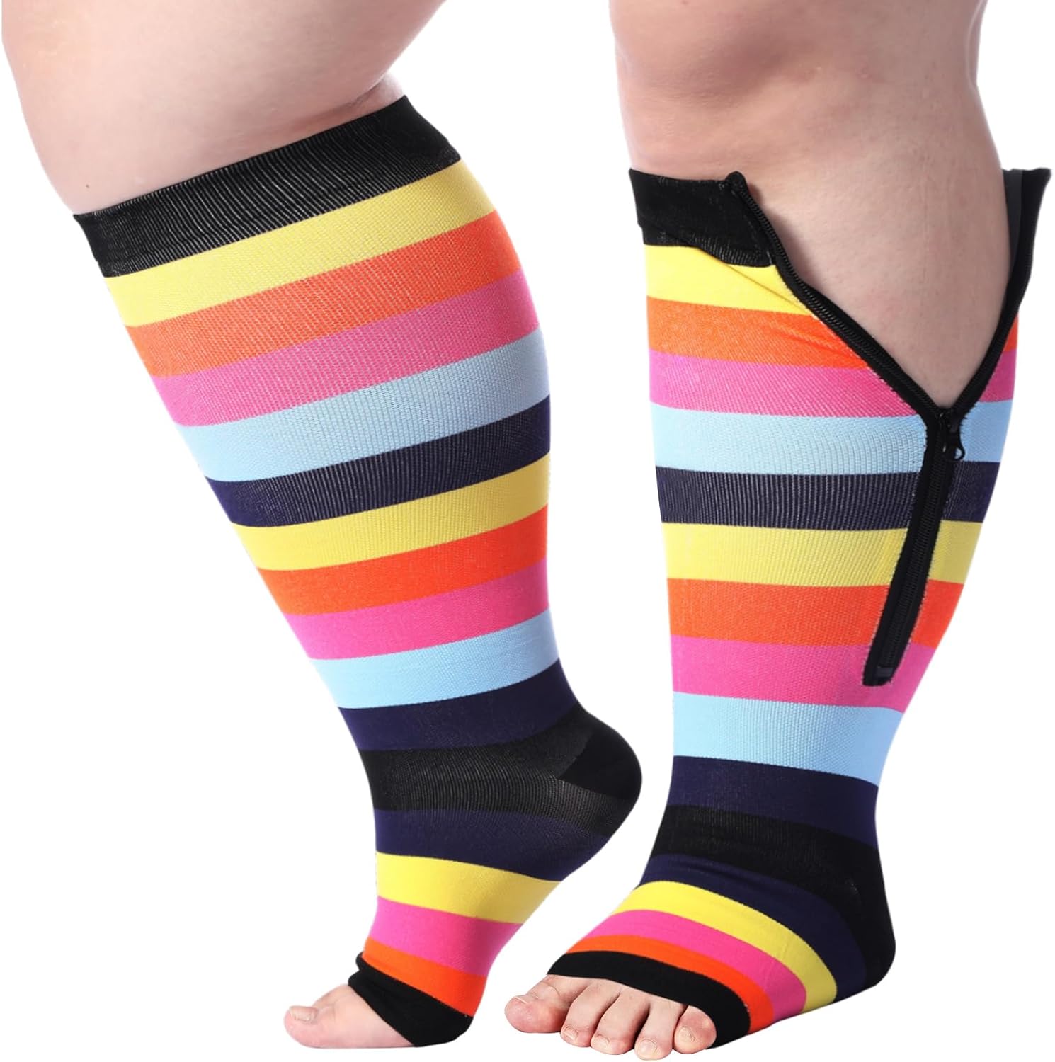 Abodhu Plus Size Compression Socks for Women Open Toe Compression 15-20mmHg Wide Calf Knee High Compression Sock Zipper