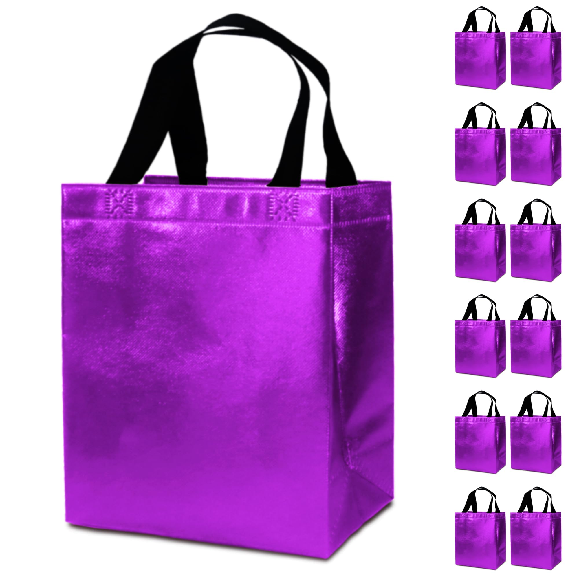 FONXHEE 12 Purple Gift Bags with Tissues - Medium Sturdy Reusable Metallic Non-Woven 8x4x10 for Easter, Mother's Day, Graduations, Weddings &