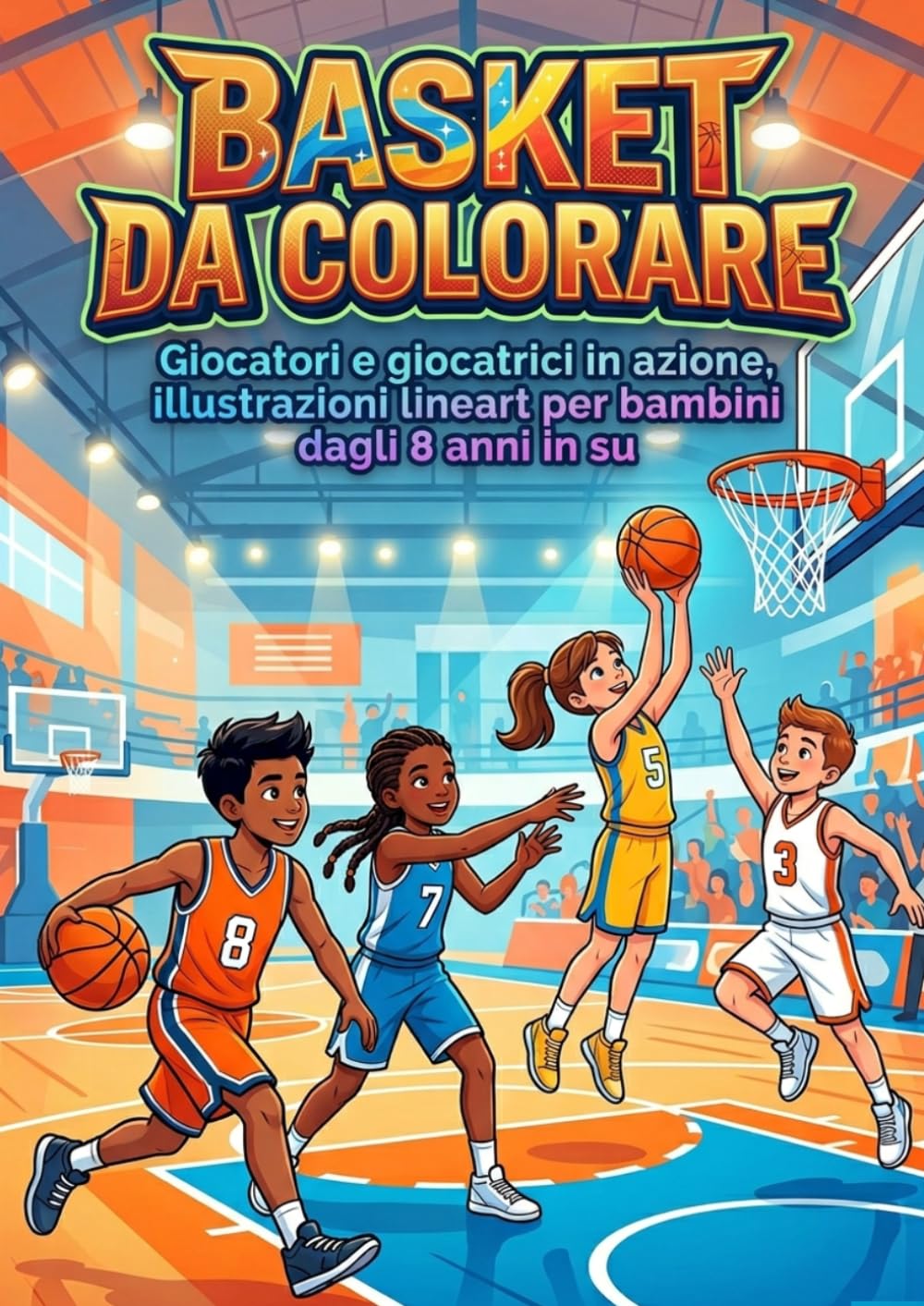 Basket da Colorare: Giocatori e giocatrici in azione, illustrazioni lineart per bambini dagli 8 anni in su (Colora, Impara e Divertiti)