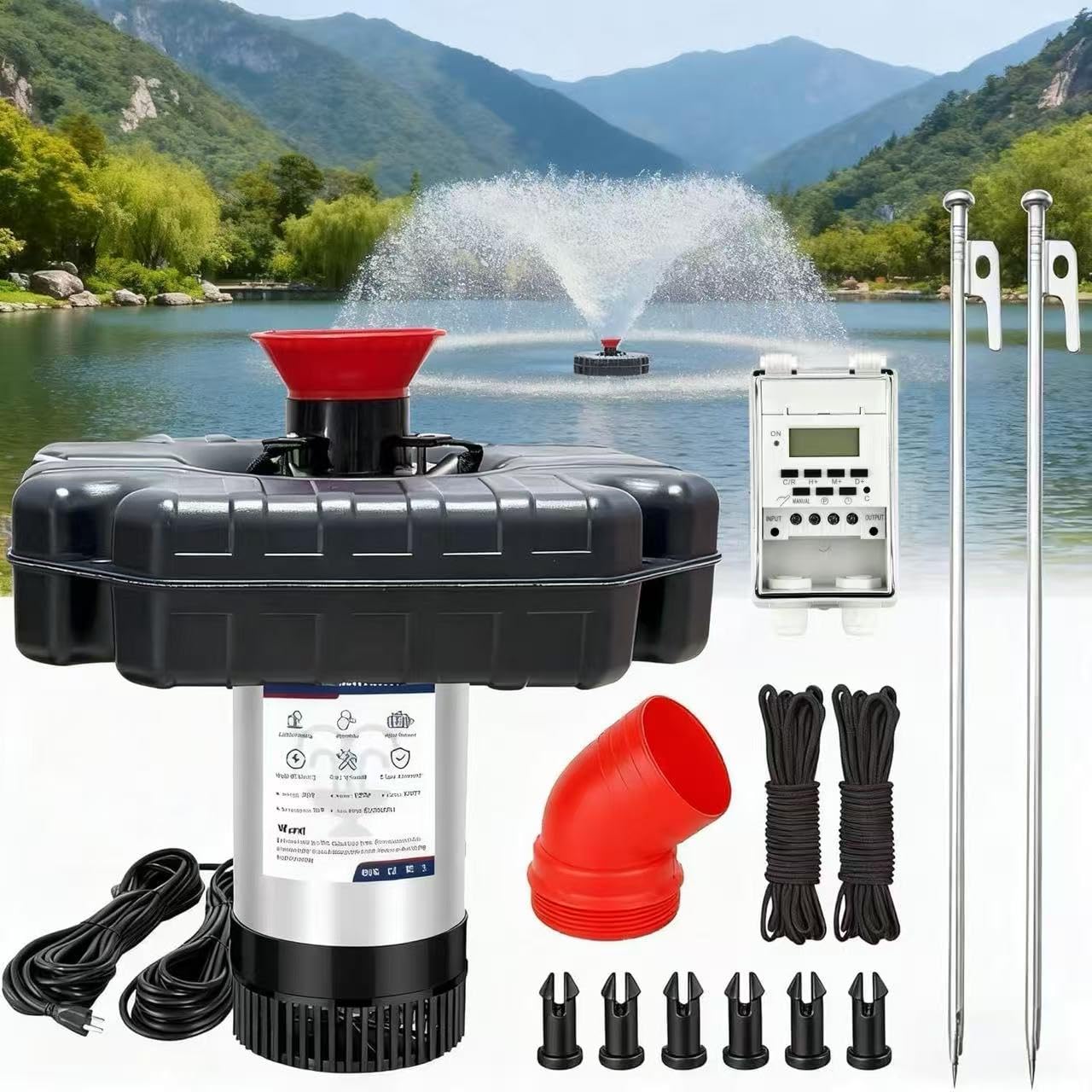 Pond Fountain Aerator 1HP 110V 750W - pond fountain- pond aerator 15,000 GPM - Includes 100-foot Power Cord - Features Tow Rope Steel Anchoring Pin Timer - Suitable for Ponds and Lakes