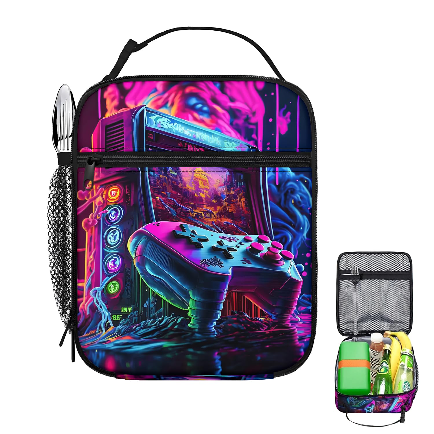 Laicaii Game Boys Lunch Box, Insulated Kids Lunch Bag with Bottle Holder, Waterproof Oxford Cloth Lunch Box for Boys, Portable Reusable Lunchbag for School Travel Picnic Hiking Beach (Game)