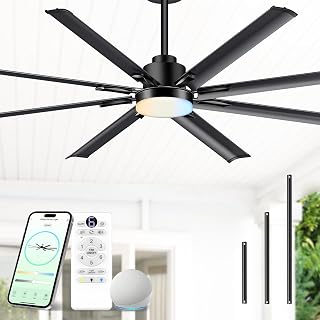 72" Aluminum Outdoor Ceiling Fan with Light, Industrial-Grade 8 Metal Blade | 9744 CFM, Quiet High CFM BLDC Motor, Dimmable LED with Memory, Smart Alexa Remote Control, Damp Rated for Patios/Garage/Porch