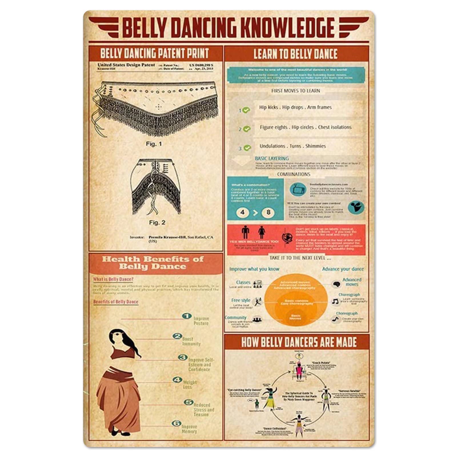 peiyeety Belly Dancing Knowledge Metal Signs Dance Studio Wall Decor Plaques Learn To Belly Dance Tin Posters For Room Club Bar Decor 8"x12"