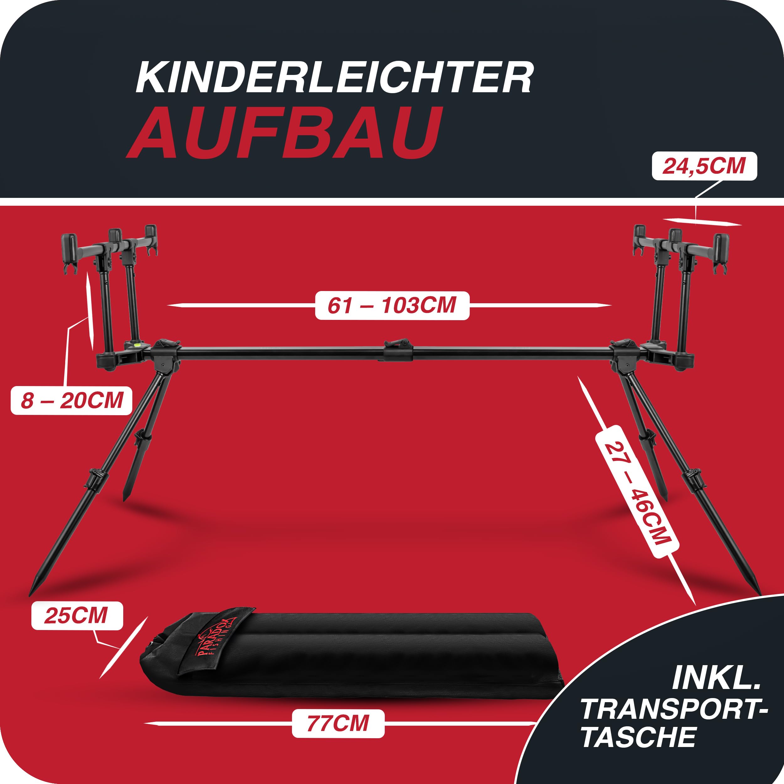 Paradox Fishing Rod Pod für 3 Ruten | Aluminium Rutenhalter verstellbar & rostfrei | Stabiler Karpfen-Rutenständer mit Wasserwaage | Inkl. Transporttasche | Angelablage für Ansitz- & Karpfenangeln